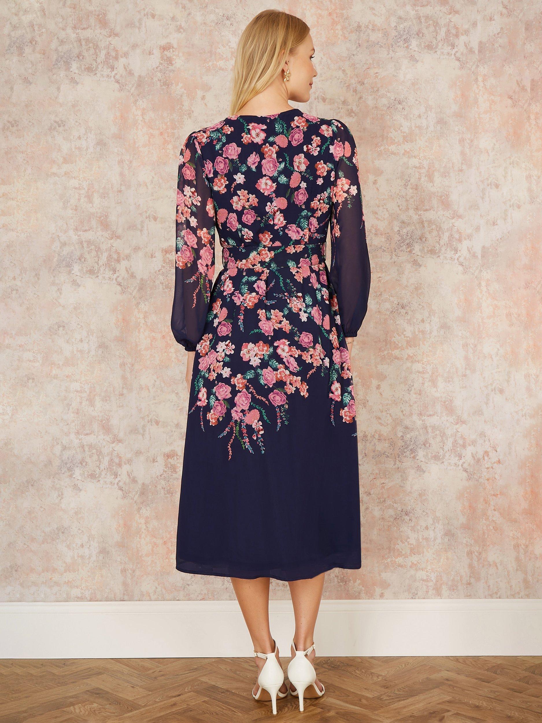 Product image 3 of 5, which shows Yumi Floral Belted Midi Dress, Navy/Multi, 8