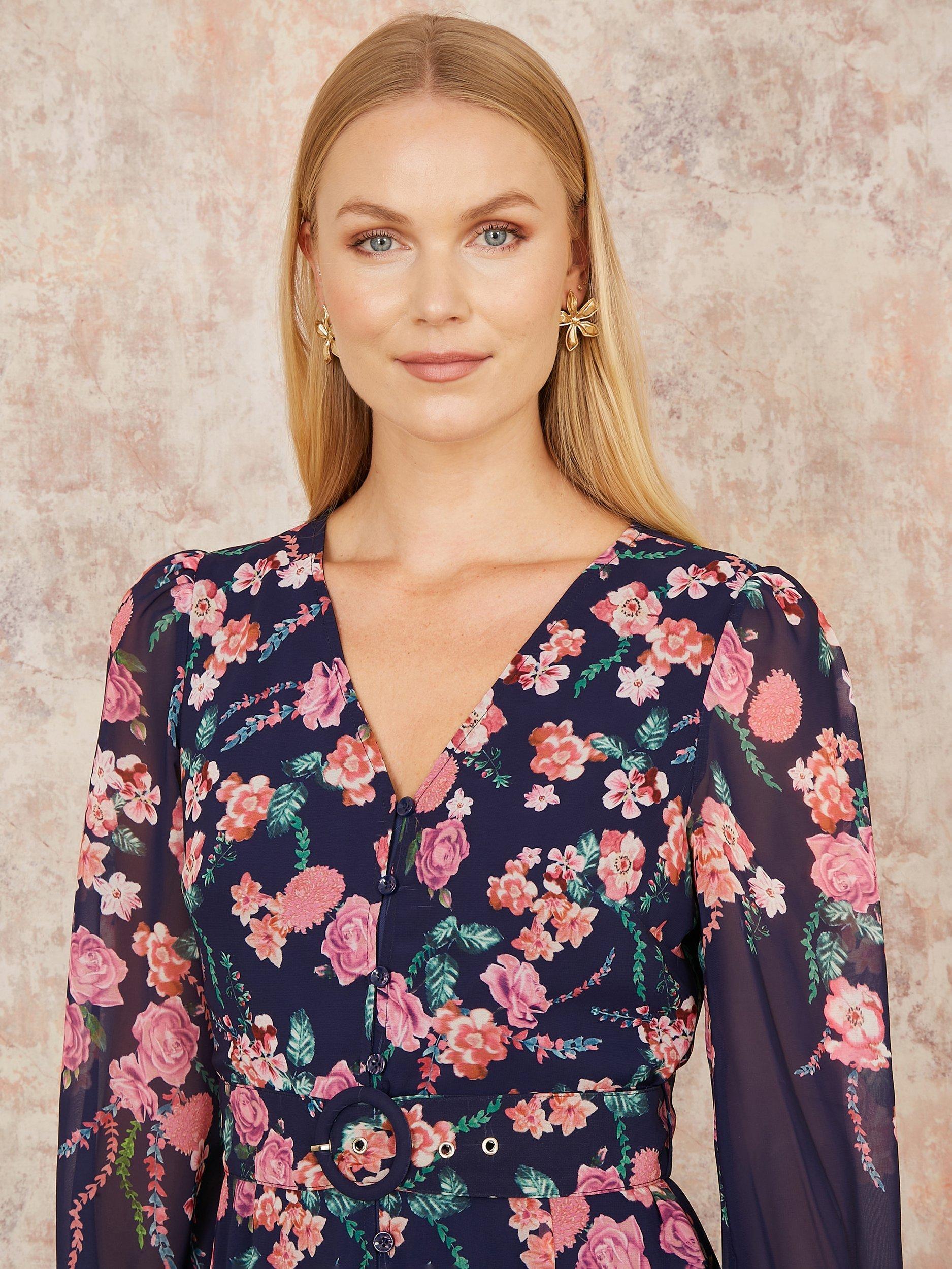Product image 4 of 5, which shows Yumi Floral Belted Midi Dress, Navy/Multi, 8