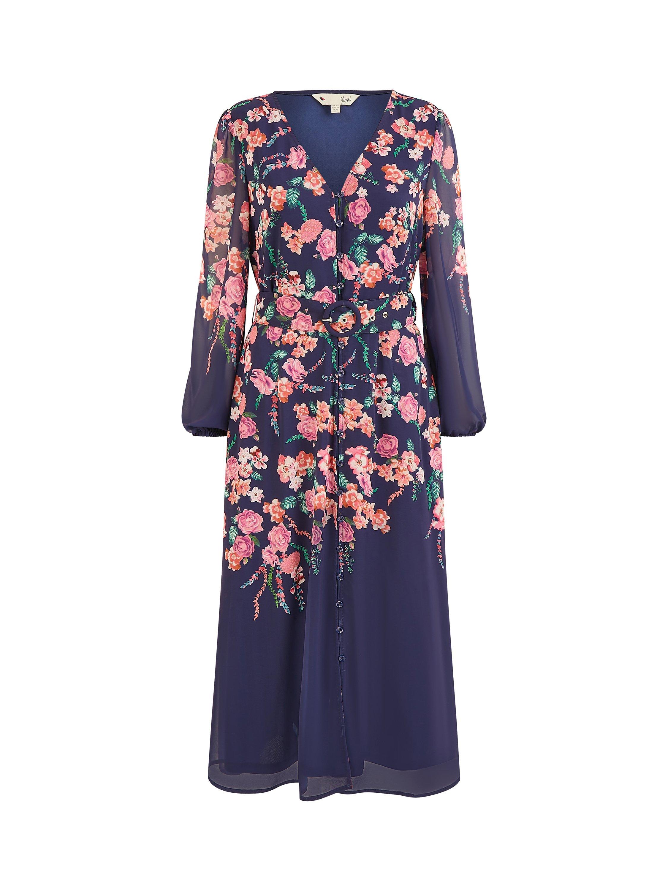 Product image 5 of 5, which shows Yumi Floral Belted Midi Dress, Navy/Multi, 8