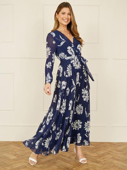 Yumi Floral Pleated Wrap Maxi Dress, Green/White, Navy