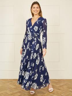 Yumi Floral Pleated Wrap Maxi Dress, Green/White - view 2, Navy