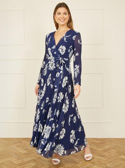 Yumi Floral Pleated Wrap Maxi Dress, Green/White - view 2, Navy