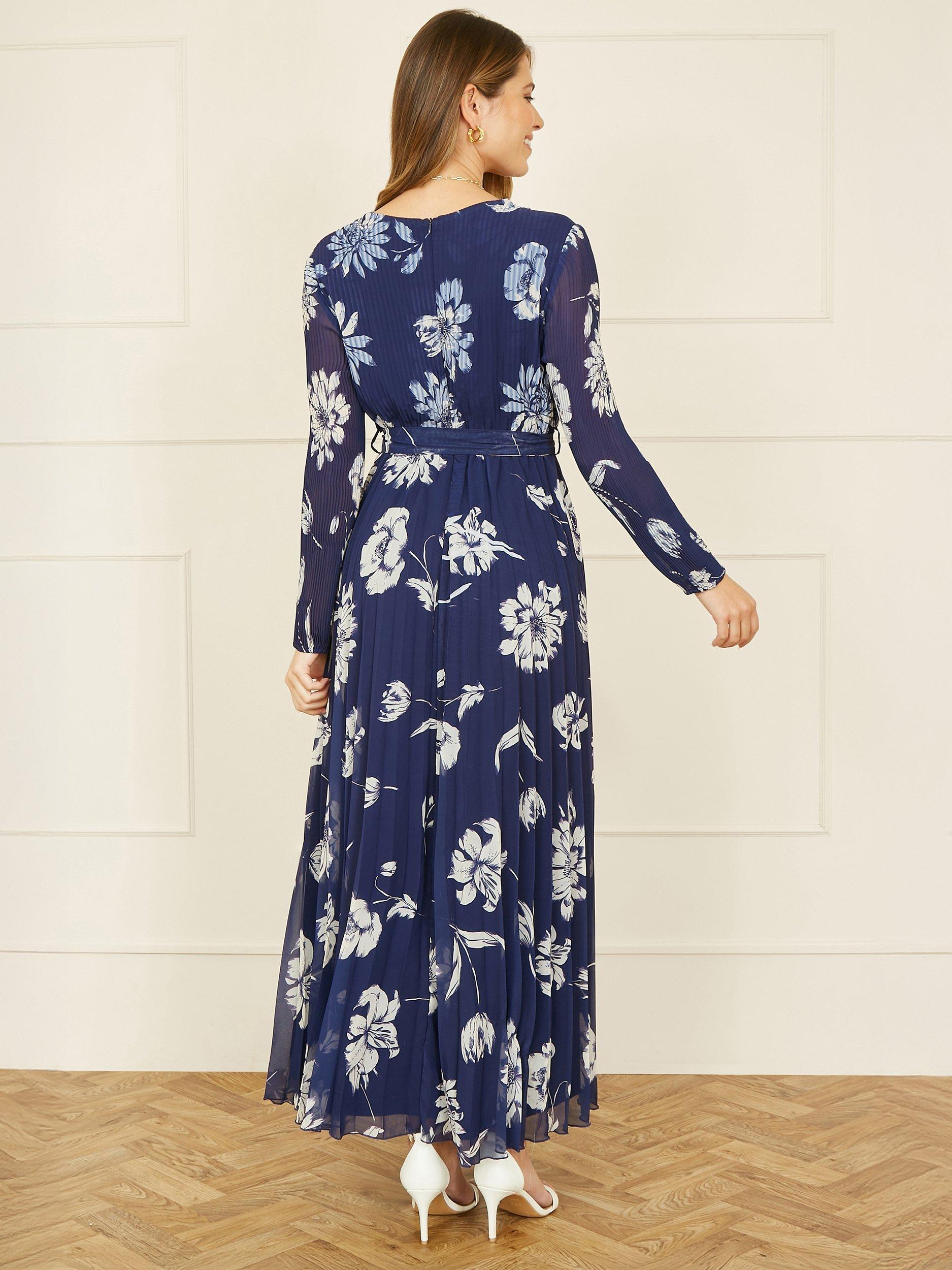 Product image 3 of 6, which shows Yumi Floral Pleated Wrap Maxi Dress, Navy, 8