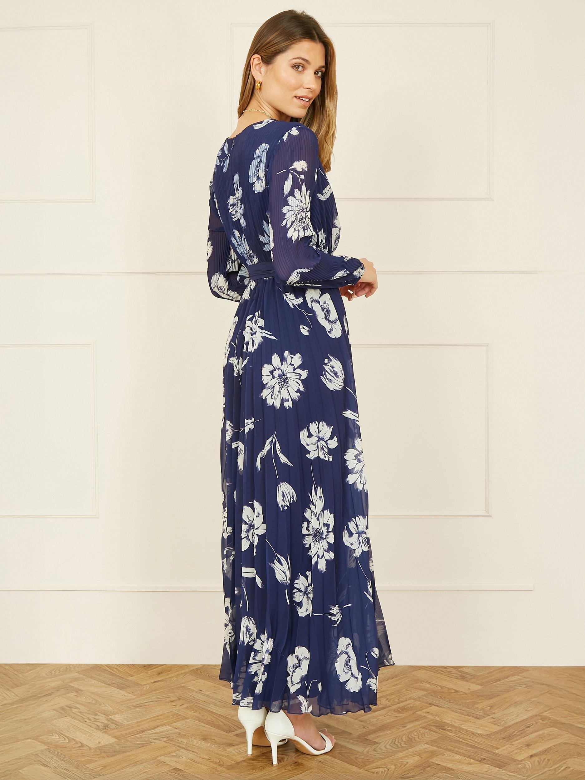 Product image 5 of 6, which shows Yumi Floral Pleated Wrap Maxi Dress, Navy, 8