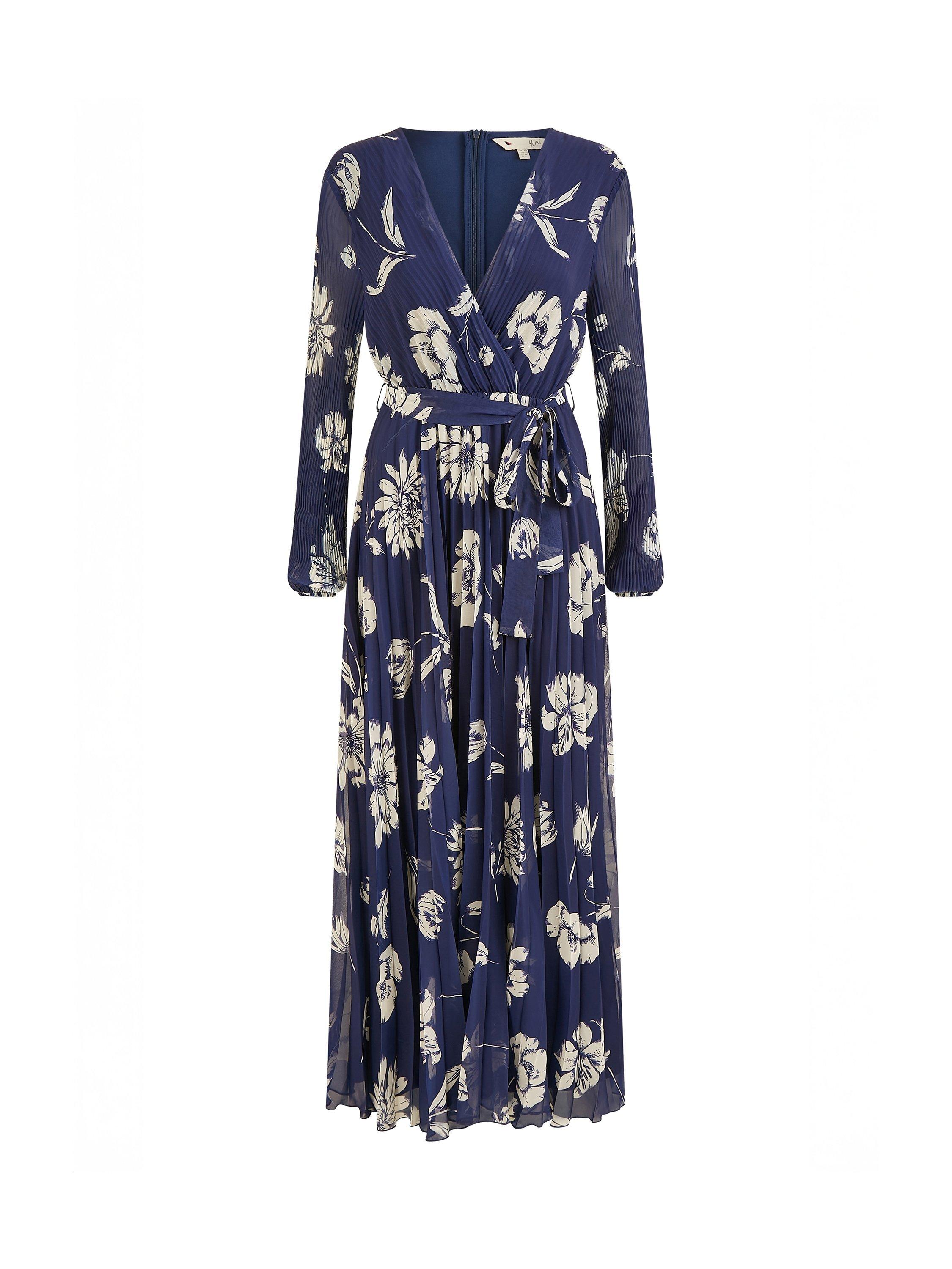 Product image 6 of 6, which shows Yumi Floral Pleated Wrap Maxi Dress, Navy, 8