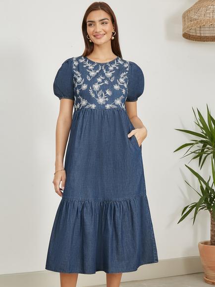 Yumi Embroidered Denim Midi Dress, Blue, Blue