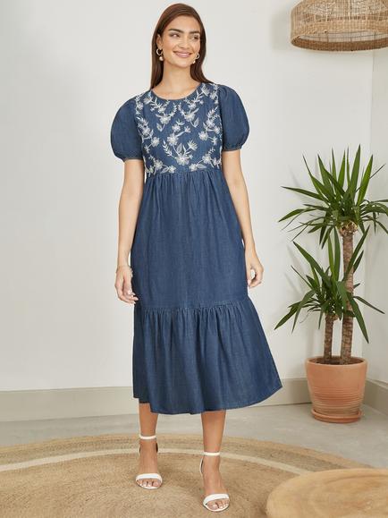 Yumi Embroidered Denim Midi Dress, Blue - view 2, Blue