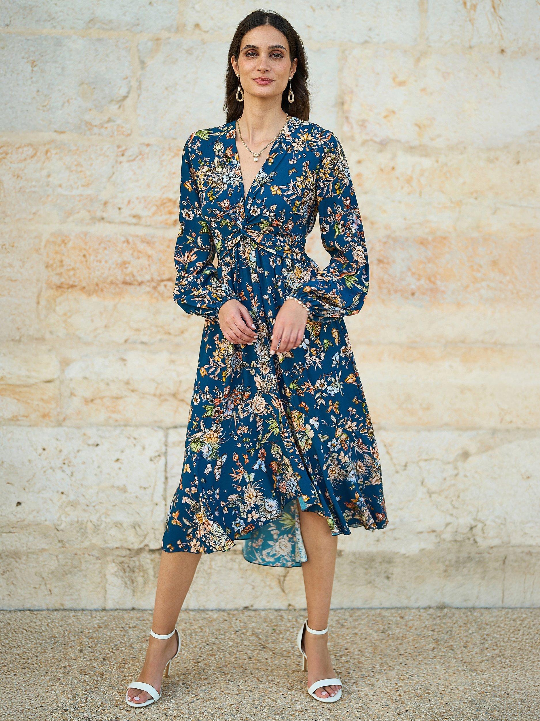 Product image 1 of 5, which shows Yumi Floral Tie Knot Dress, Navy/Multi, 8