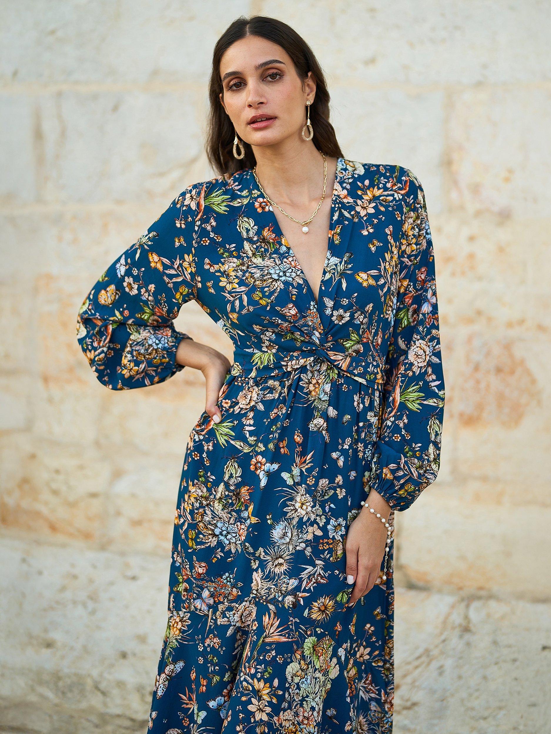 Product image 2 of 5, which shows Yumi Floral Tie Knot Dress, Navy/Multi, 8