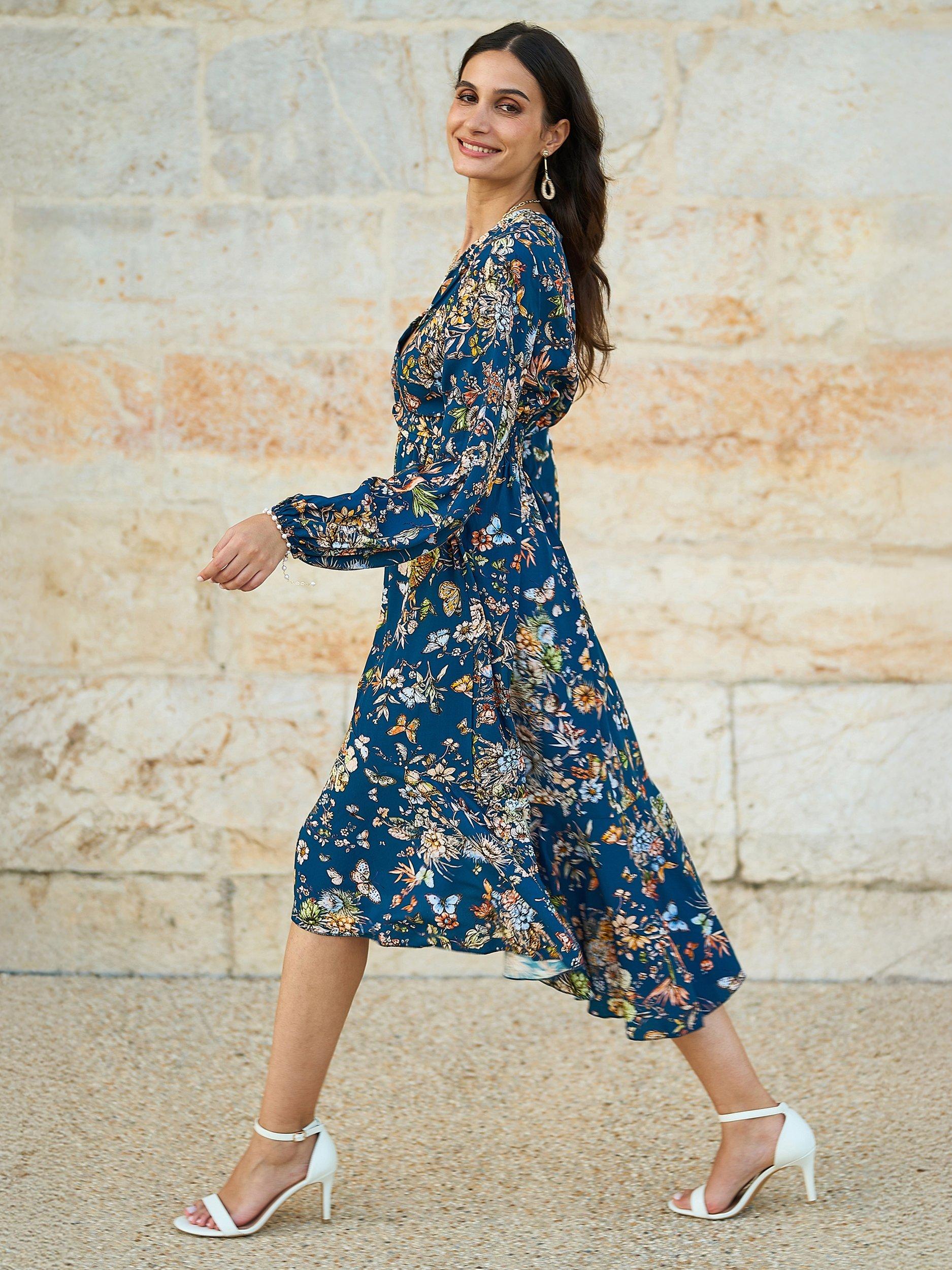 Product image 3 of 5, which shows Yumi Floral Tie Knot Dress, Navy/Multi, 8