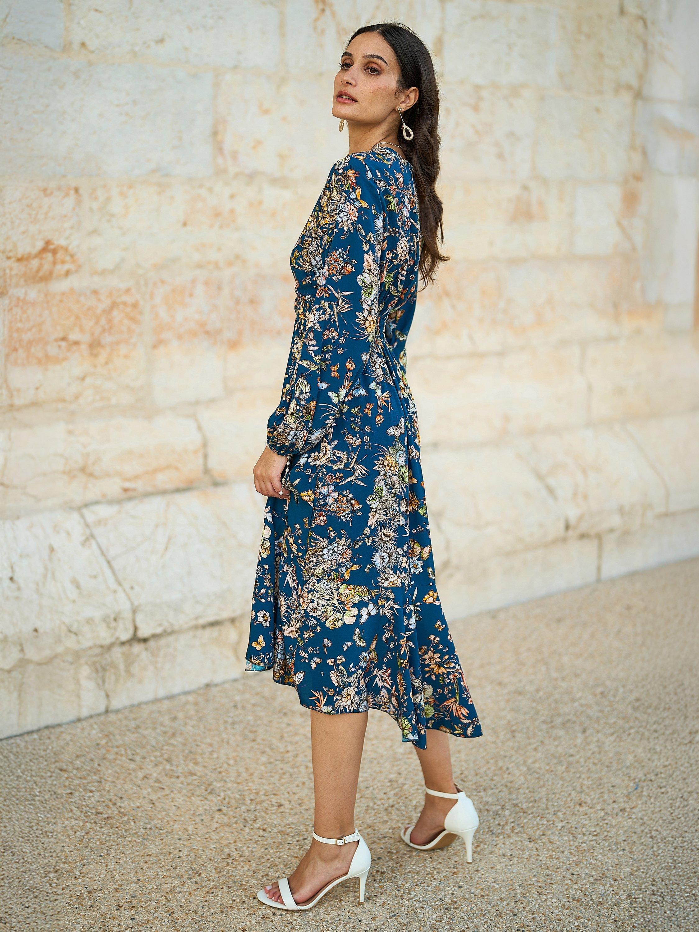 Product image 4 of 5, which shows Yumi Floral Tie Knot Dress, Navy/Multi, 8