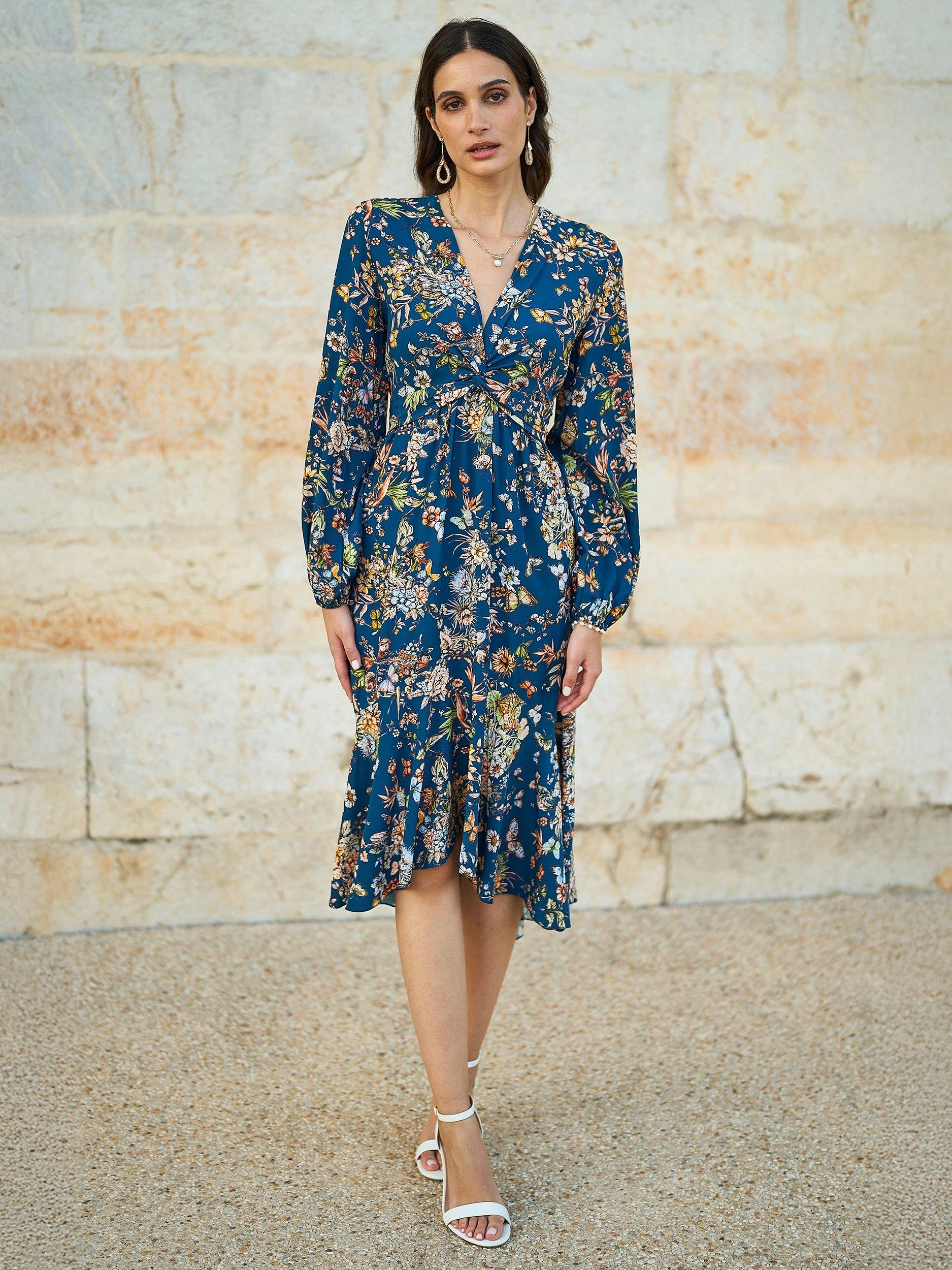Product image 5 of 5, which shows Yumi Floral Tie Knot Dress, Navy/Multi, 8