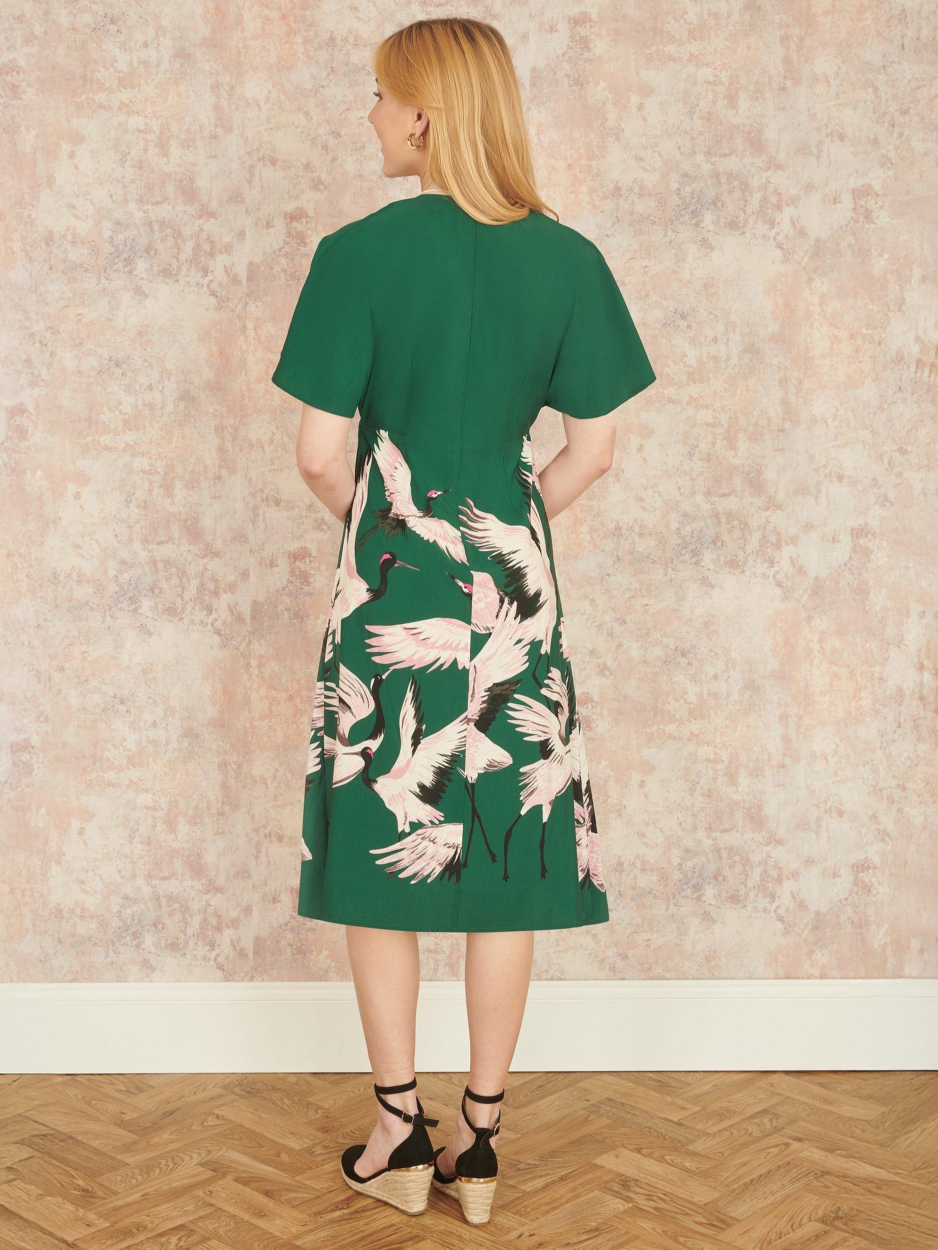 Product image 4 of 5, which shows Yumi Crane Print Midi Dress, Green/Multi, 8