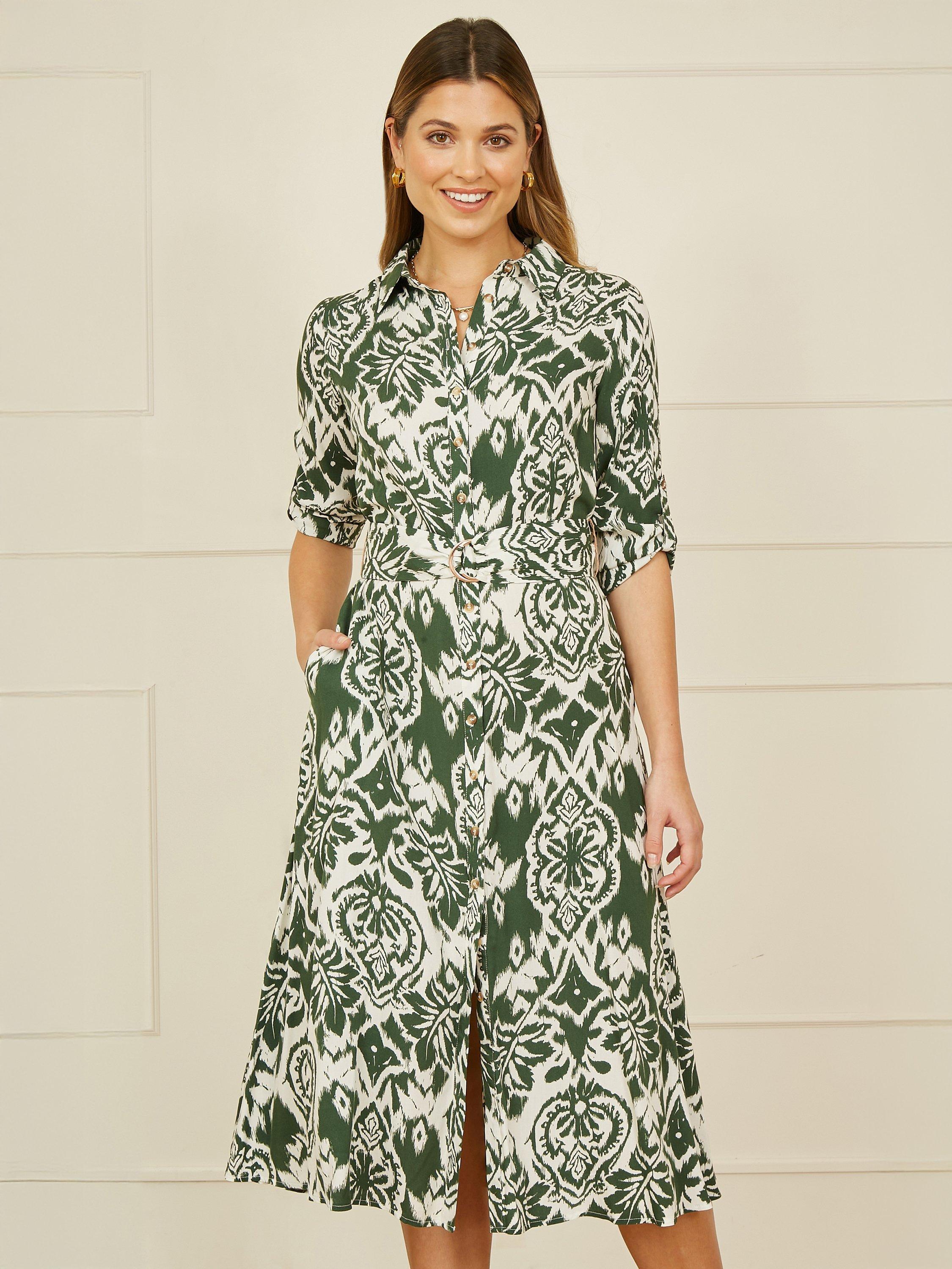 Product image 1 of 5, which shows Yumi Geometric Ikat Shirt Dress, Green/Cream, 8