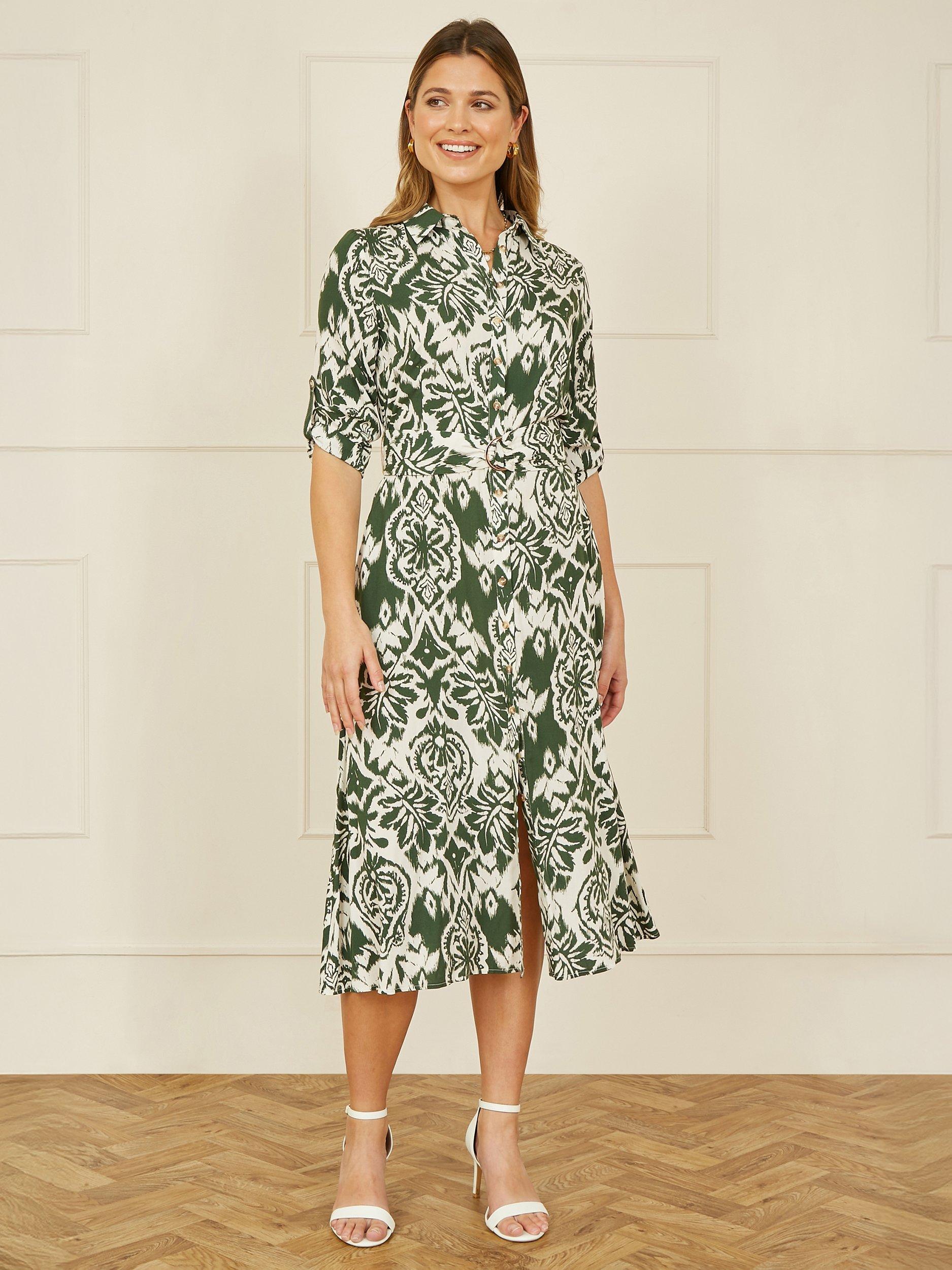 Product image 2 of 5, which shows Yumi Geometric Ikat Shirt Dress, Green/Cream, 8