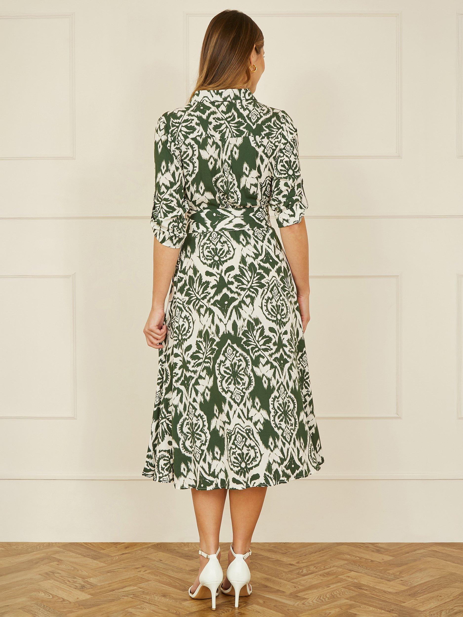 Product image 3 of 5, which shows Yumi Geometric Ikat Shirt Dress, Green/Cream, 8