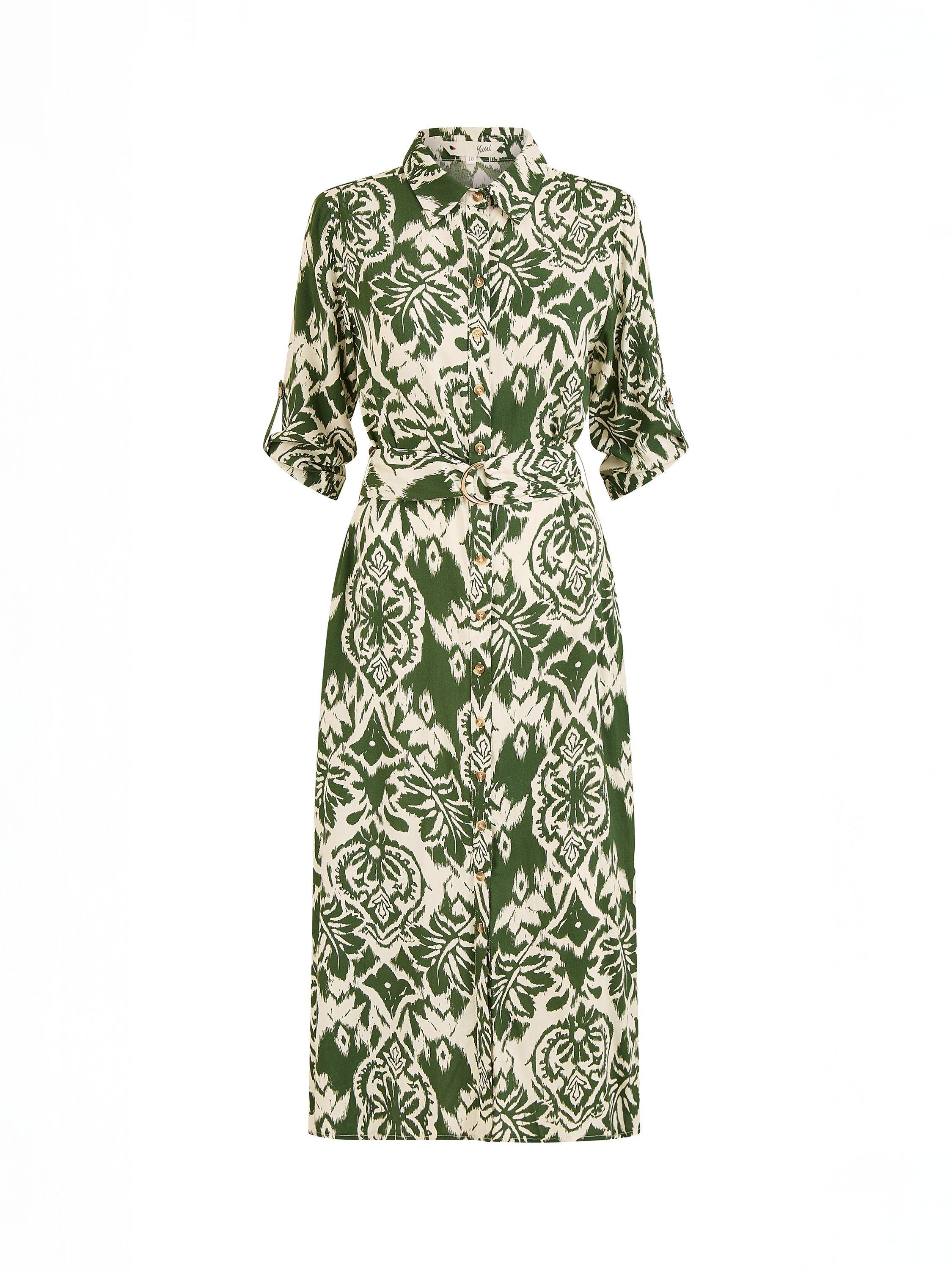 Product image 5 of 5, which shows Yumi Geometric Ikat Shirt Dress, Green/Cream, 8