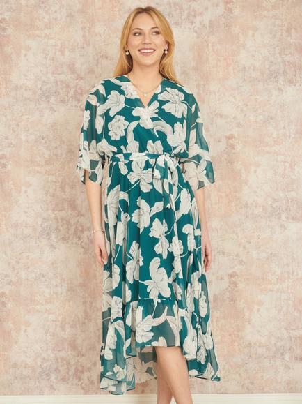 Yumi Kimono Sleeve Dip Hem Dress - view 2, Green/White