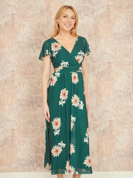 Yumi Floral Mesh Midi Dress, Green/Multi, Green/Multi