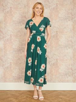 Yumi Floral Mesh Midi Dress, Green/Multi - view 2, Green/Multi