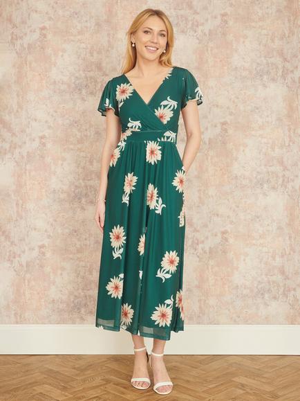 Yumi Floral Mesh Midi Dress, Green/Multi - view 2, Green/Multi