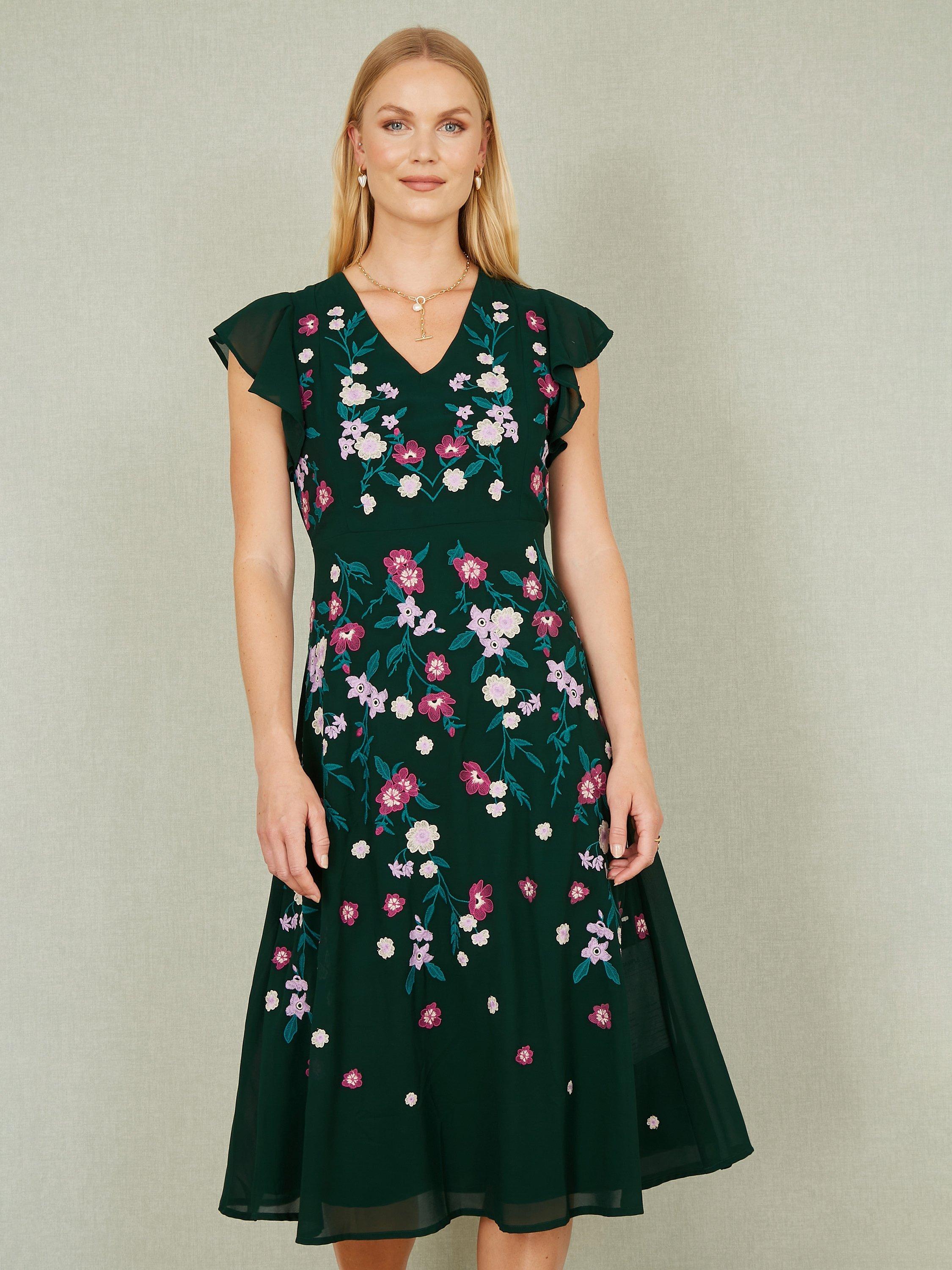 Product image 1 of 6, which shows Yumi Floral Embroidered Skater Midi Dress, Green, 8