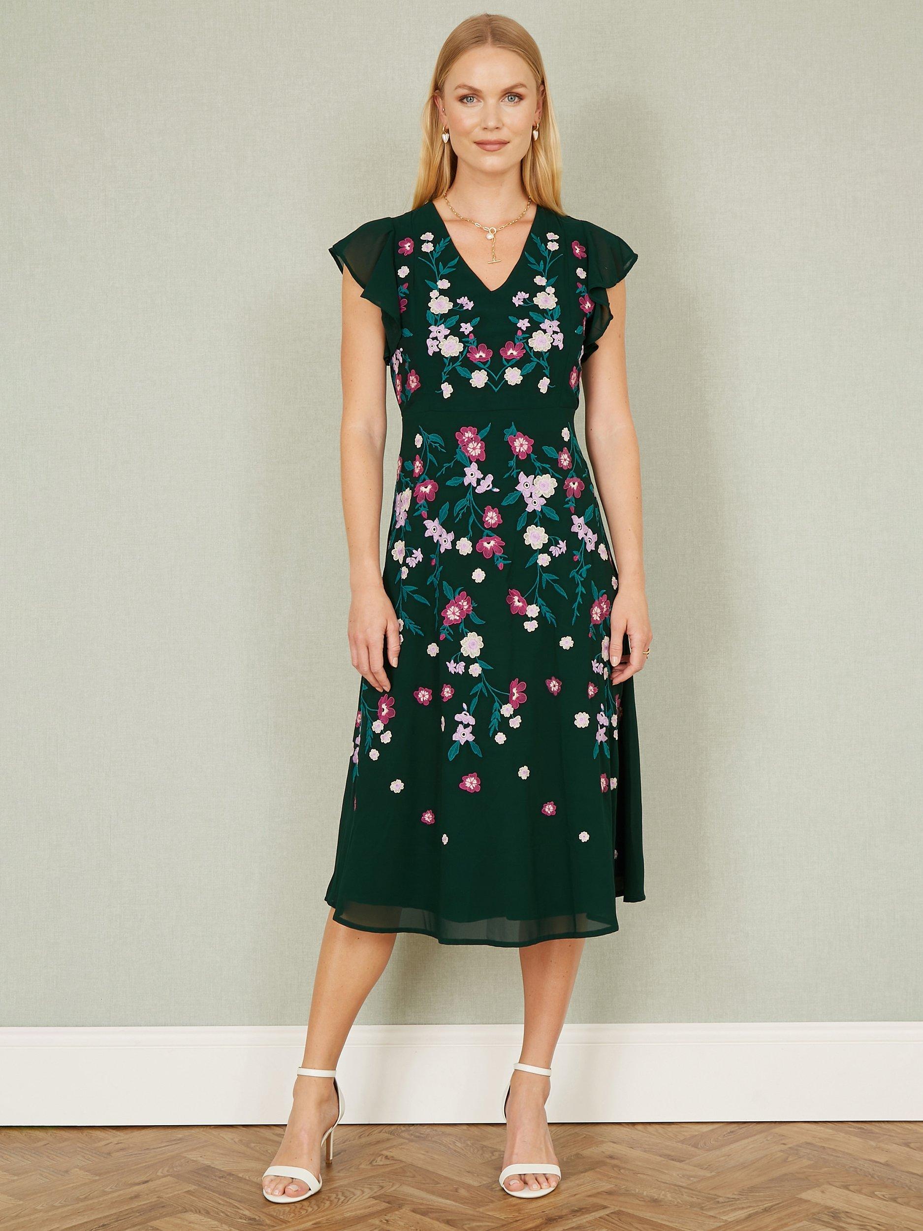 Product image 2 of 6, which shows Yumi Floral Embroidered Skater Midi Dress, Green, 8