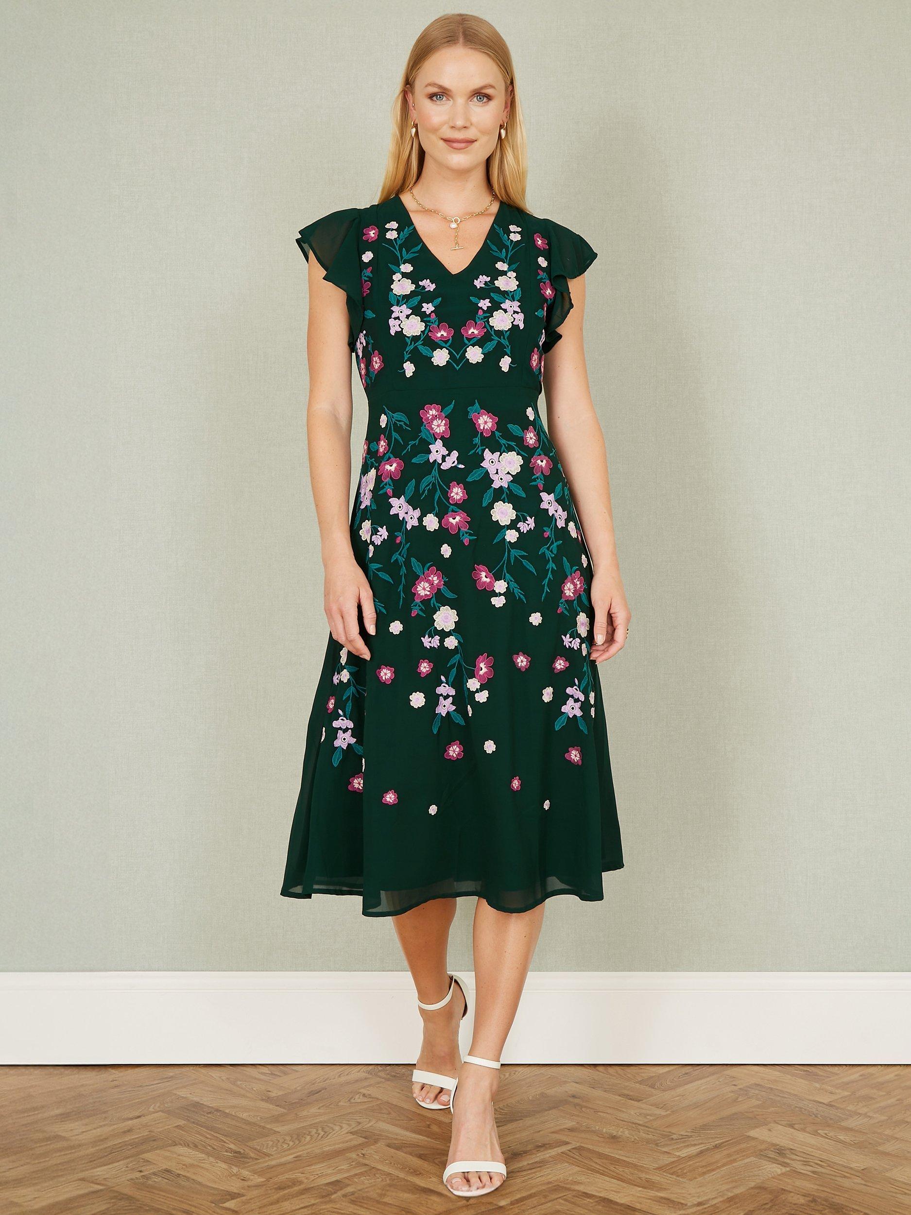 Product image 5 of 6, which shows Yumi Floral Embroidered Skater Midi Dress, Green, 8