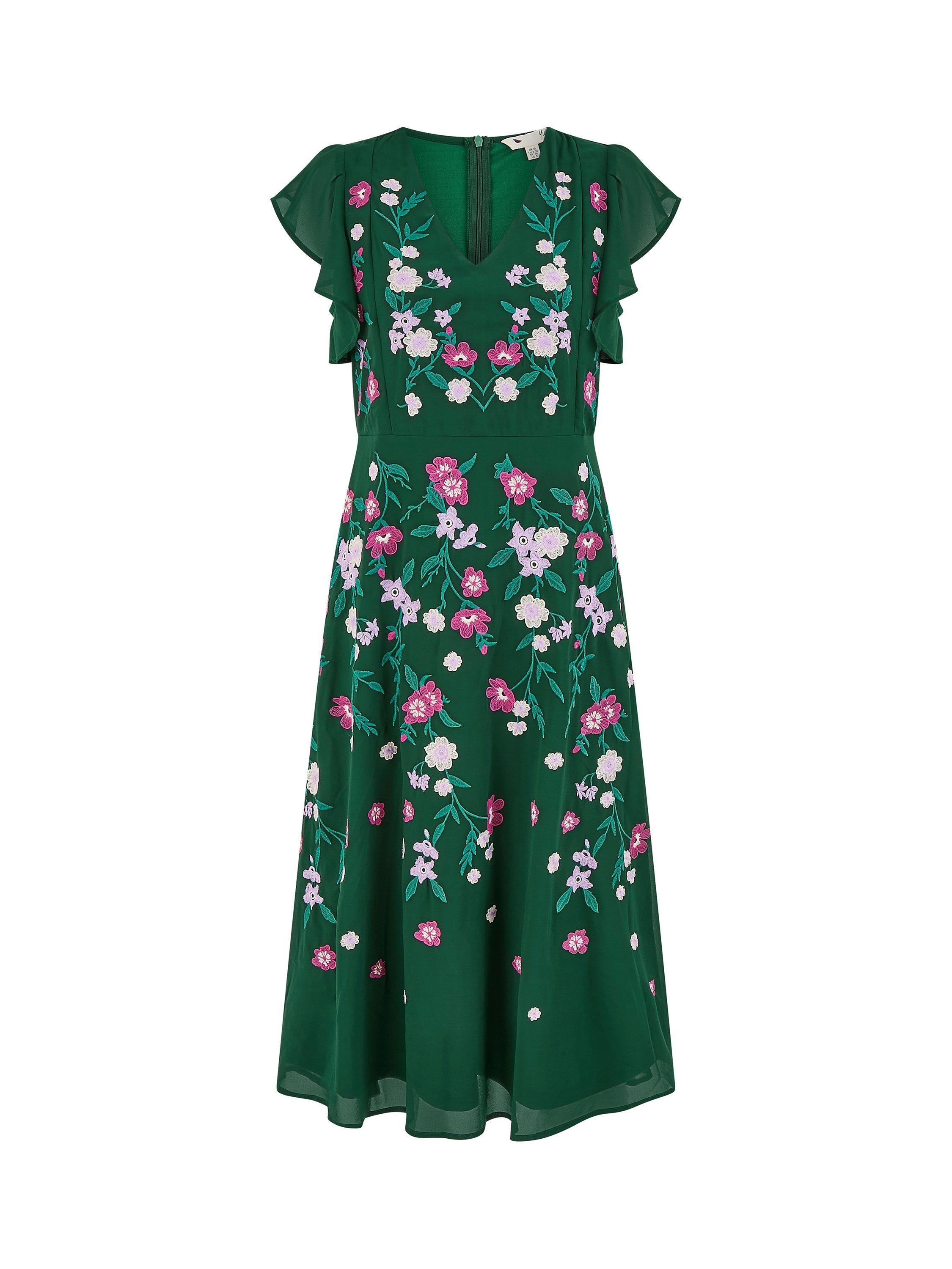Product image 6 of 6, which shows Yumi Floral Embroidered Skater Midi Dress, Green, 8