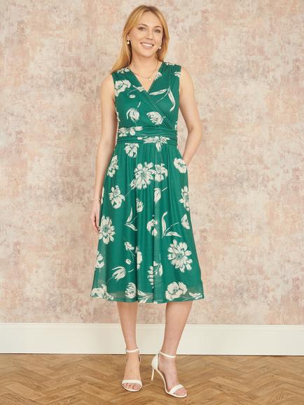 Yumi Floral Print Mesh Stretch Dress - view 2, Green/White