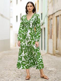 Yumi Abstract Print Ruched Midi Dress, Green/White