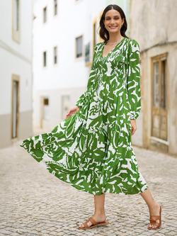 Yumi Abstract Print Ruched Midi Dress - view 2, Green/White