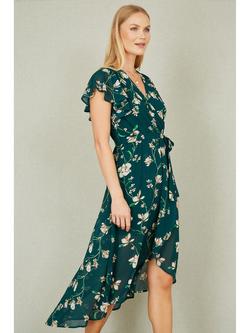 Yumi Floral Frill Hem Wrap Midi Dress, Green/Multi, Green/Multi