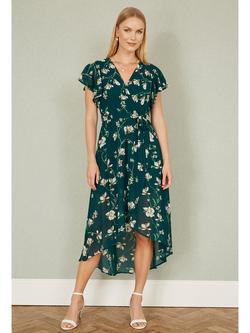 Yumi Floral Frill Hem Wrap Midi Dress, Green/Multi - view 2, Green/Multi