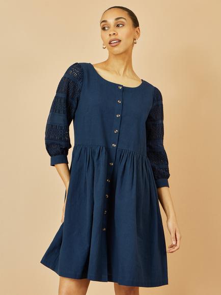 Yumi Broderie Anglaise Sleeve Tunic Dress, Navy, Navy