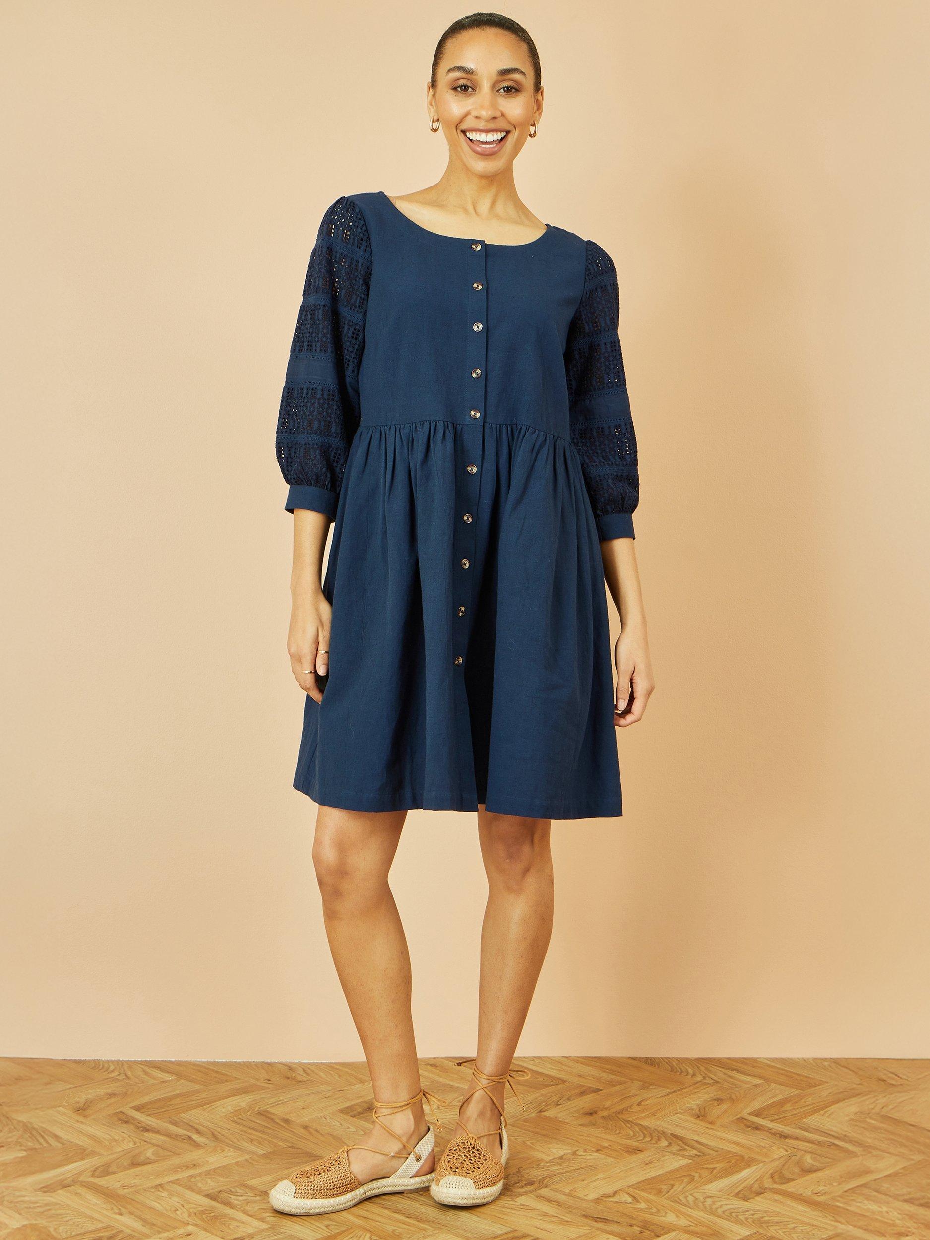 Product image 2 of 6, which shows Yumi Broderie Anglaise Sleeve Tunic Dress, Navy, 8