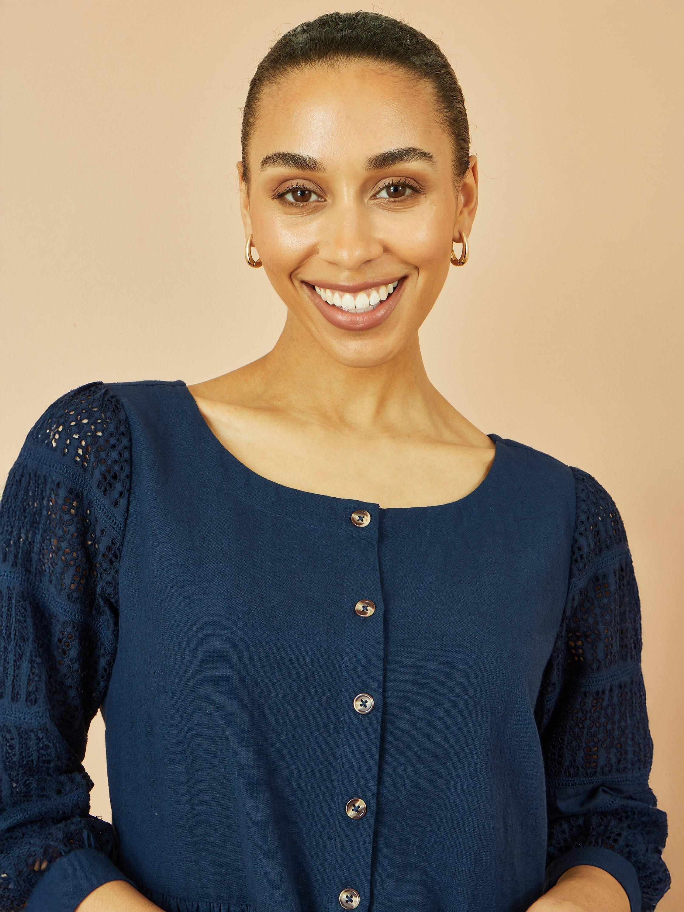 Product image 3 of 6, which shows Yumi Broderie Anglaise Sleeve Tunic Dress, Navy, 8