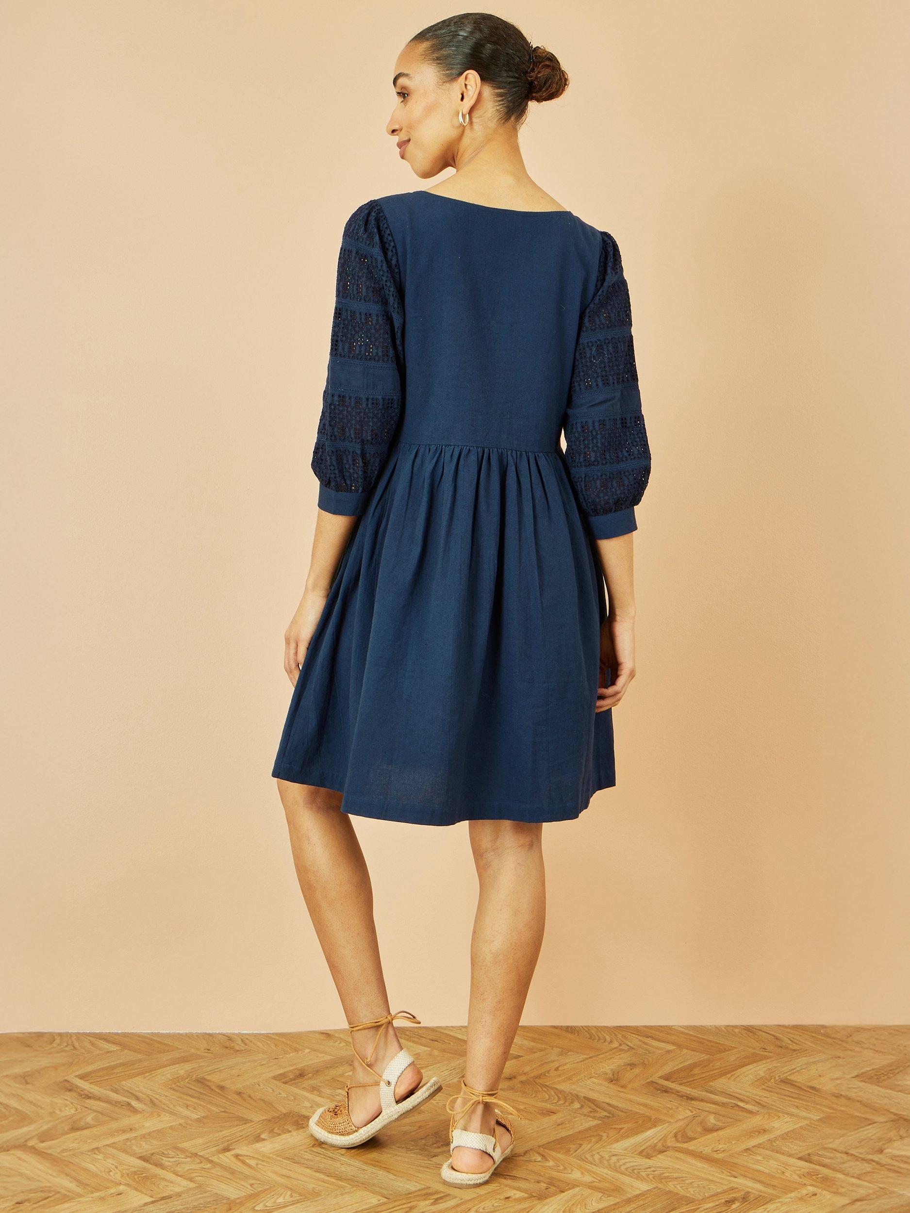 Product image 5 of 6, which shows Yumi Broderie Anglaise Sleeve Tunic Dress, Navy, 8