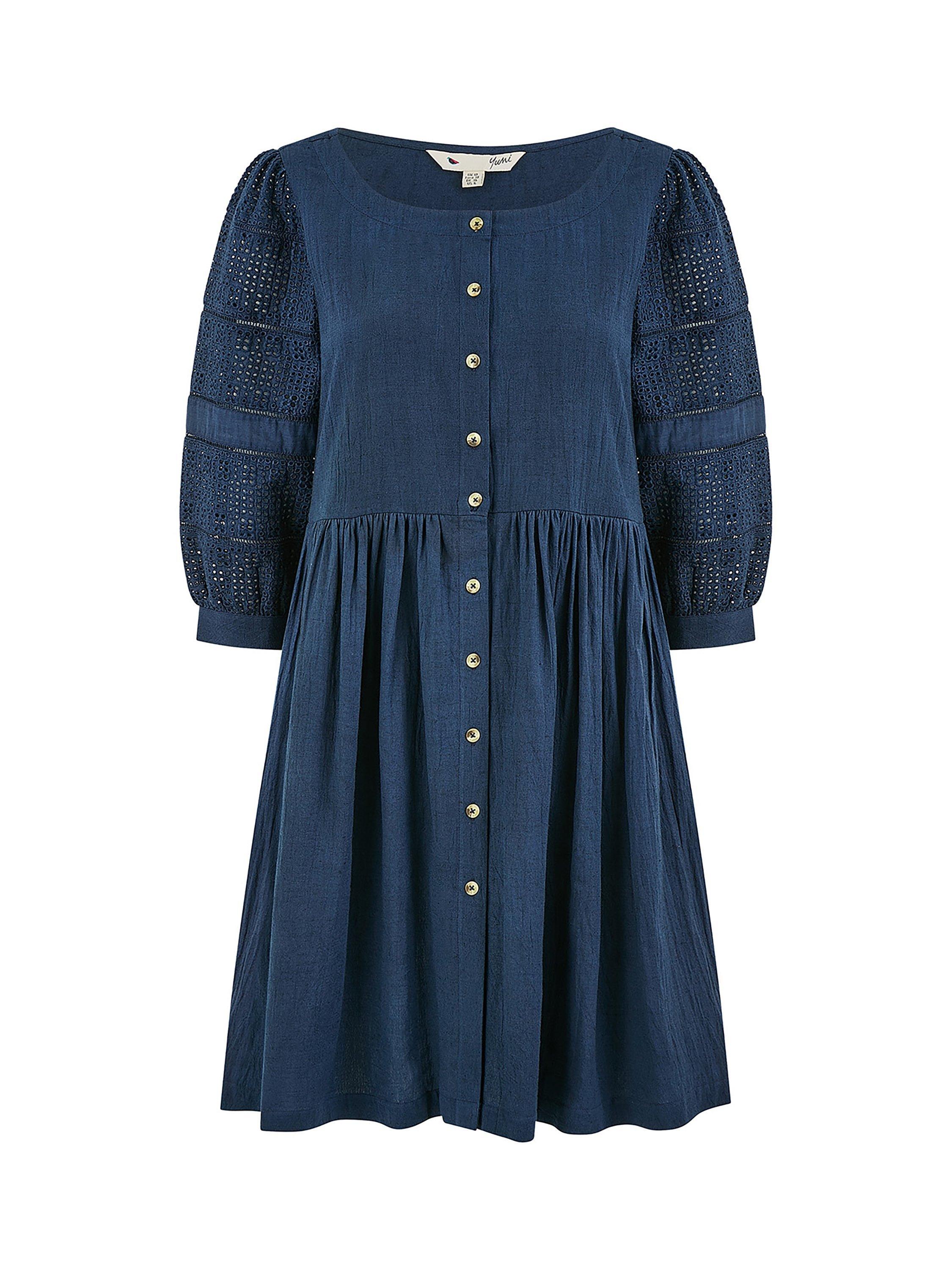 Product image 6 of 6, which shows Yumi Broderie Anglaise Sleeve Tunic Dress, Navy, 8