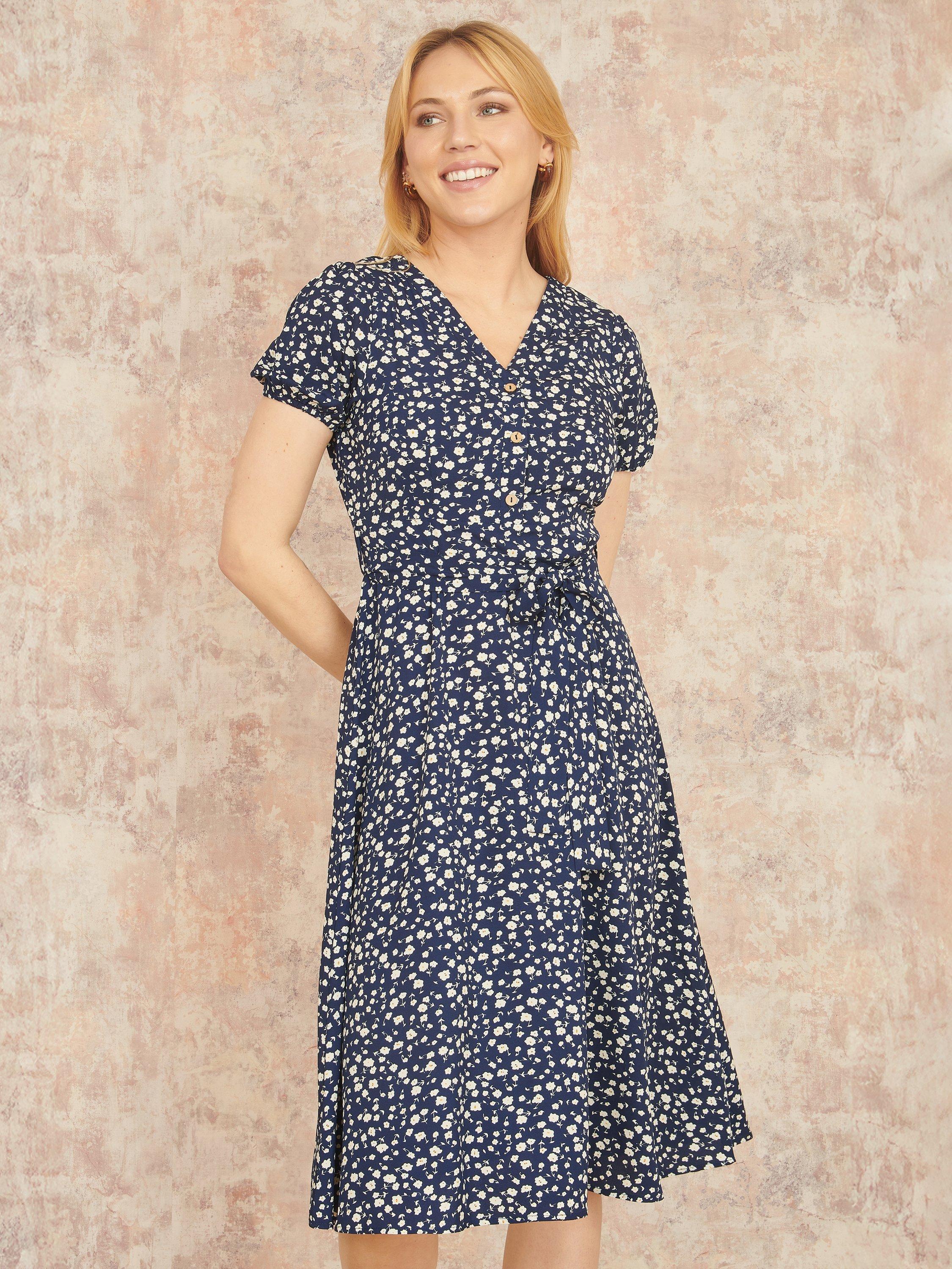 Product image 1 of 4, which shows Yumi Ditsy Floral Midi Shirt Dress, Navy, 8