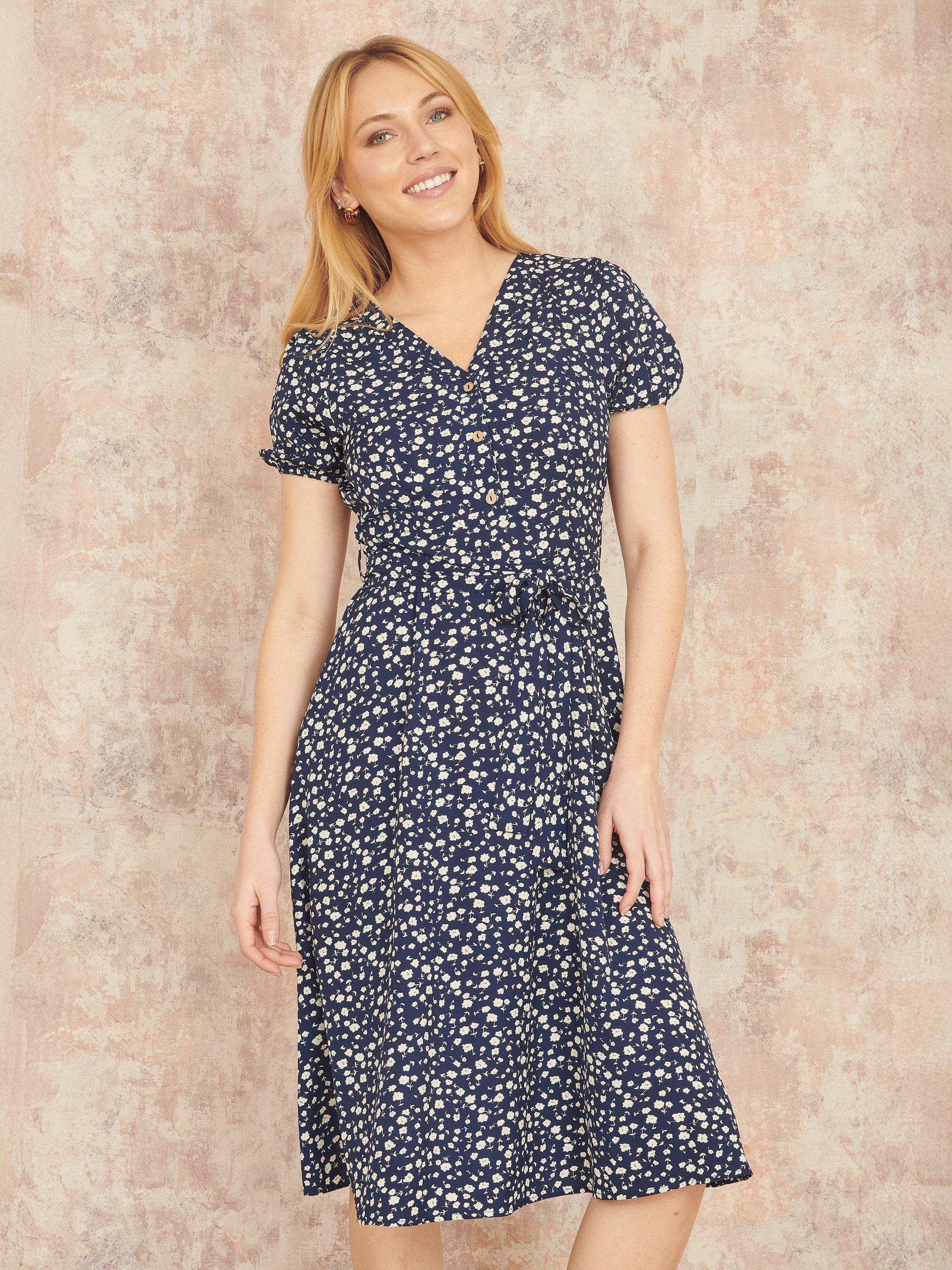 Product image 3 of 4, which shows Yumi Ditsy Floral Midi Shirt Dress, Navy, 8