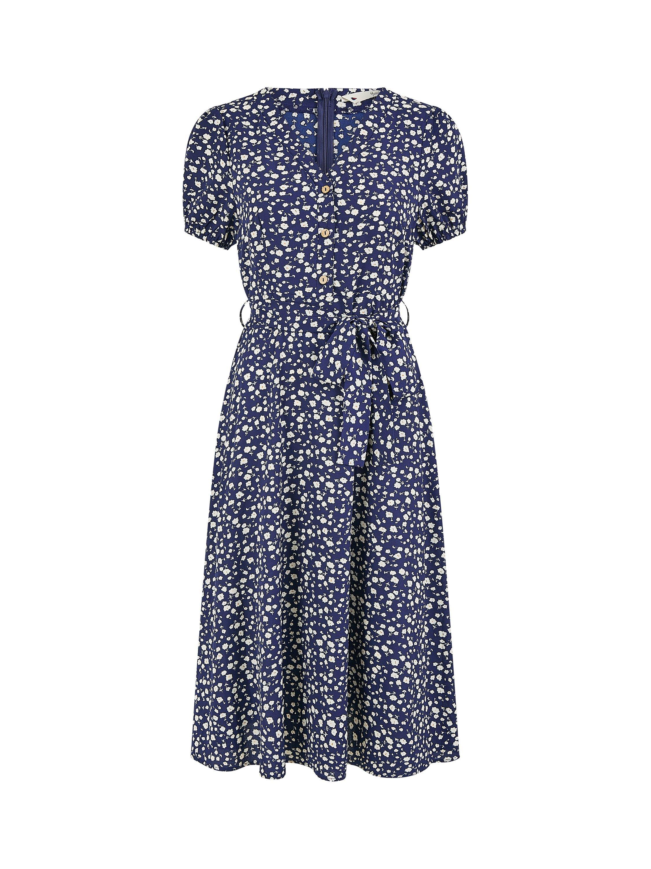 Product image 4 of 4, which shows Yumi Ditsy Floral Midi Shirt Dress, Navy, 8
