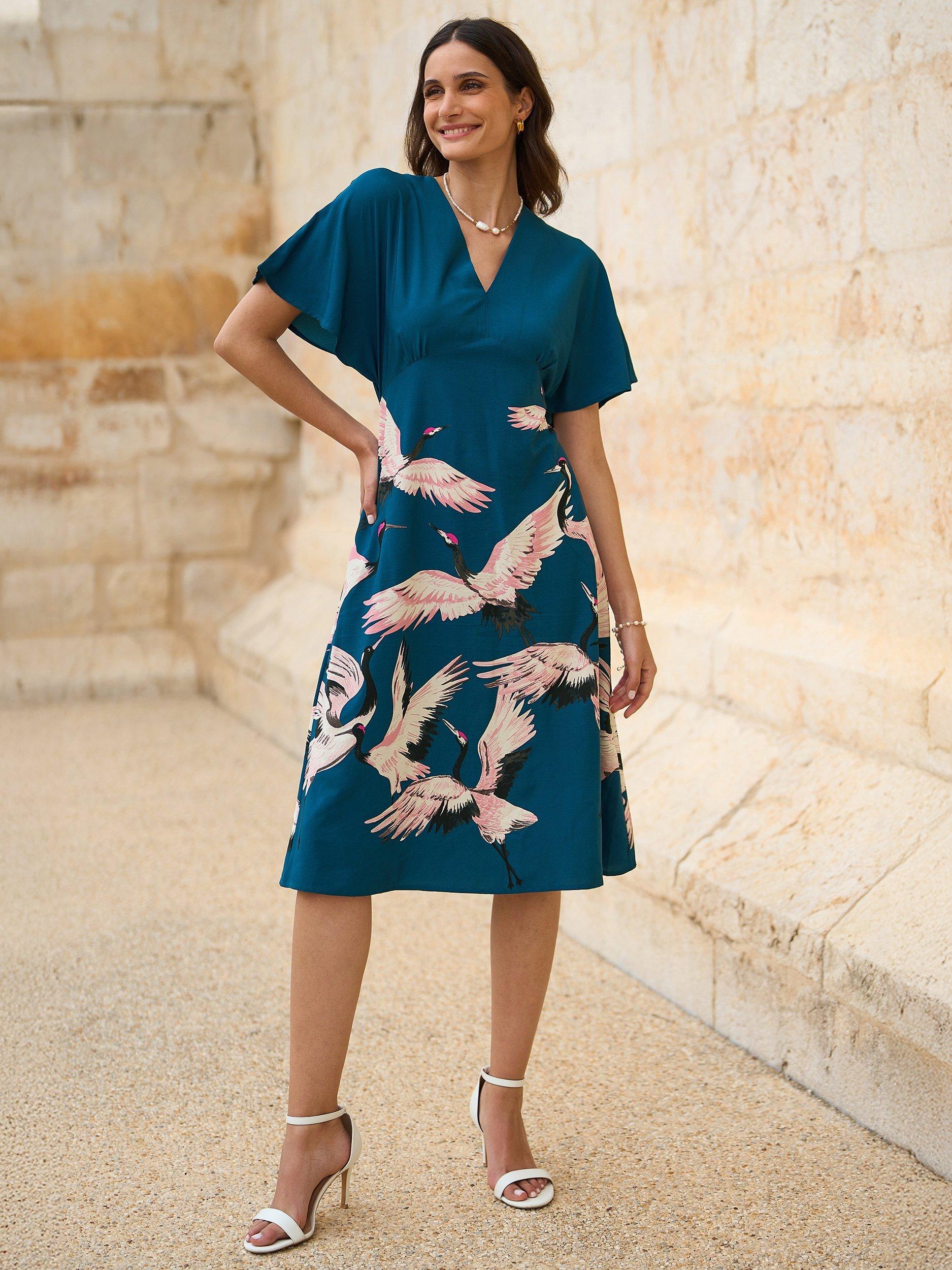 Product image 1 of 5, which shows Yumi Crane Print Midi Dress, Teal, 8