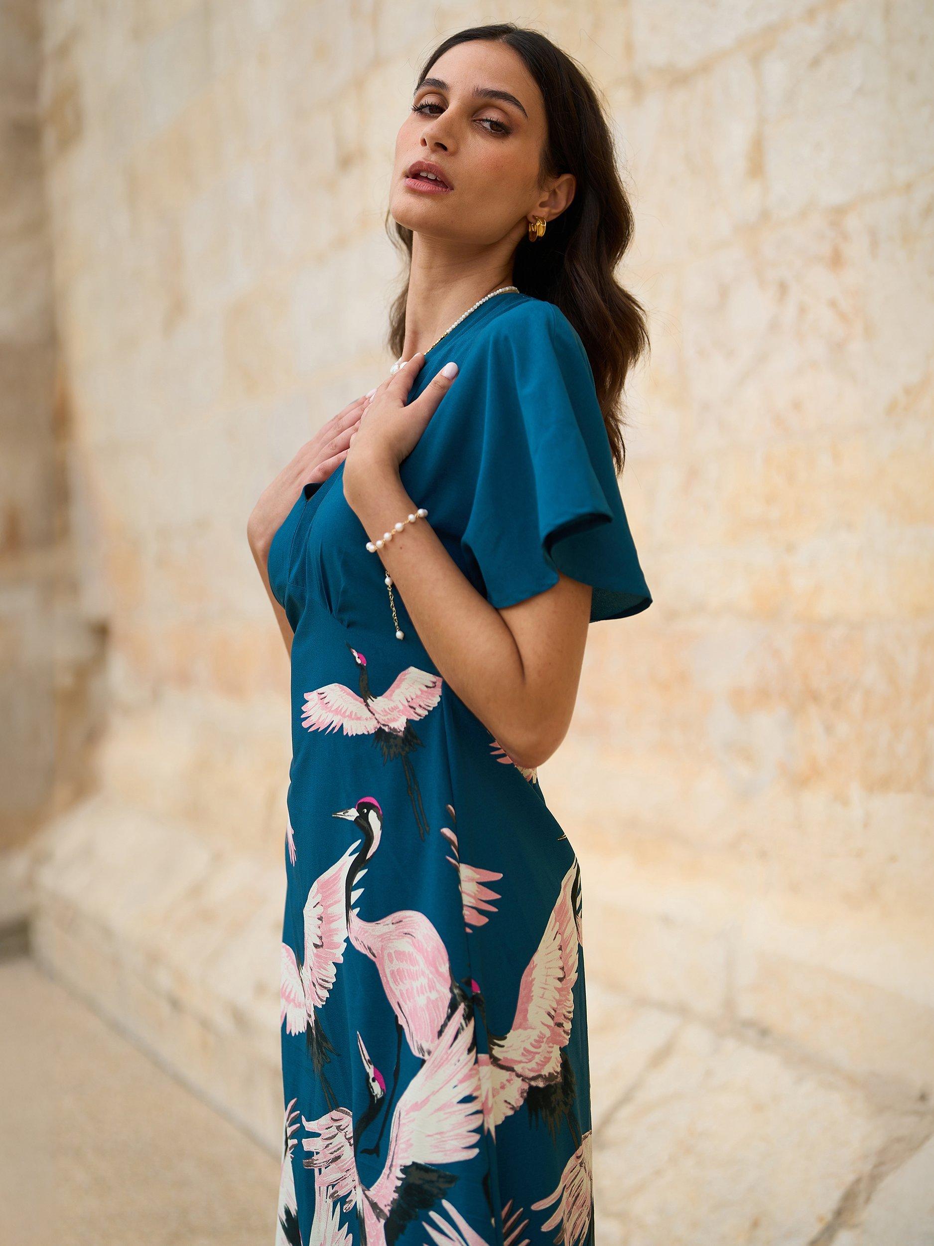 Product image 2 of 5, which shows Yumi Crane Print Midi Dress, Teal, 8