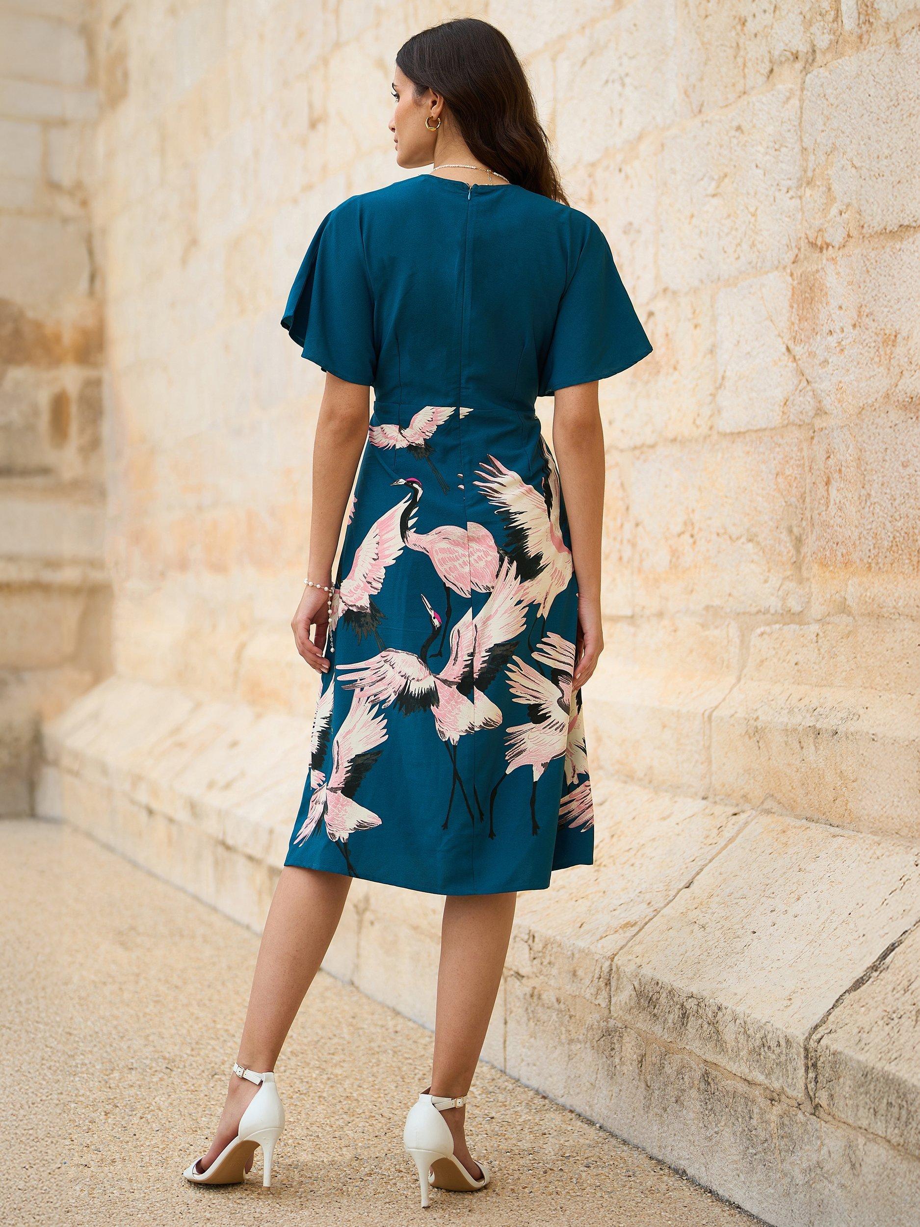 Product image 4 of 5, which shows Yumi Crane Print Midi Dress, Teal, 8