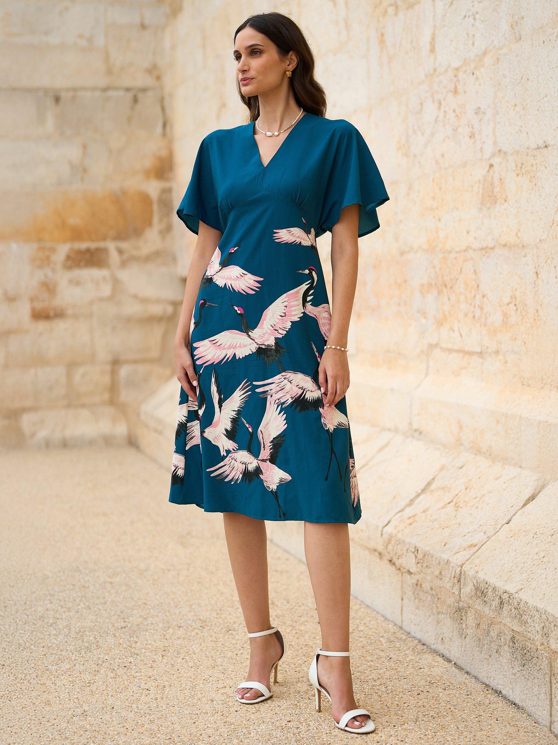 Product image 5 of 5, which shows Yumi Crane Print Midi Dress, Teal, 8