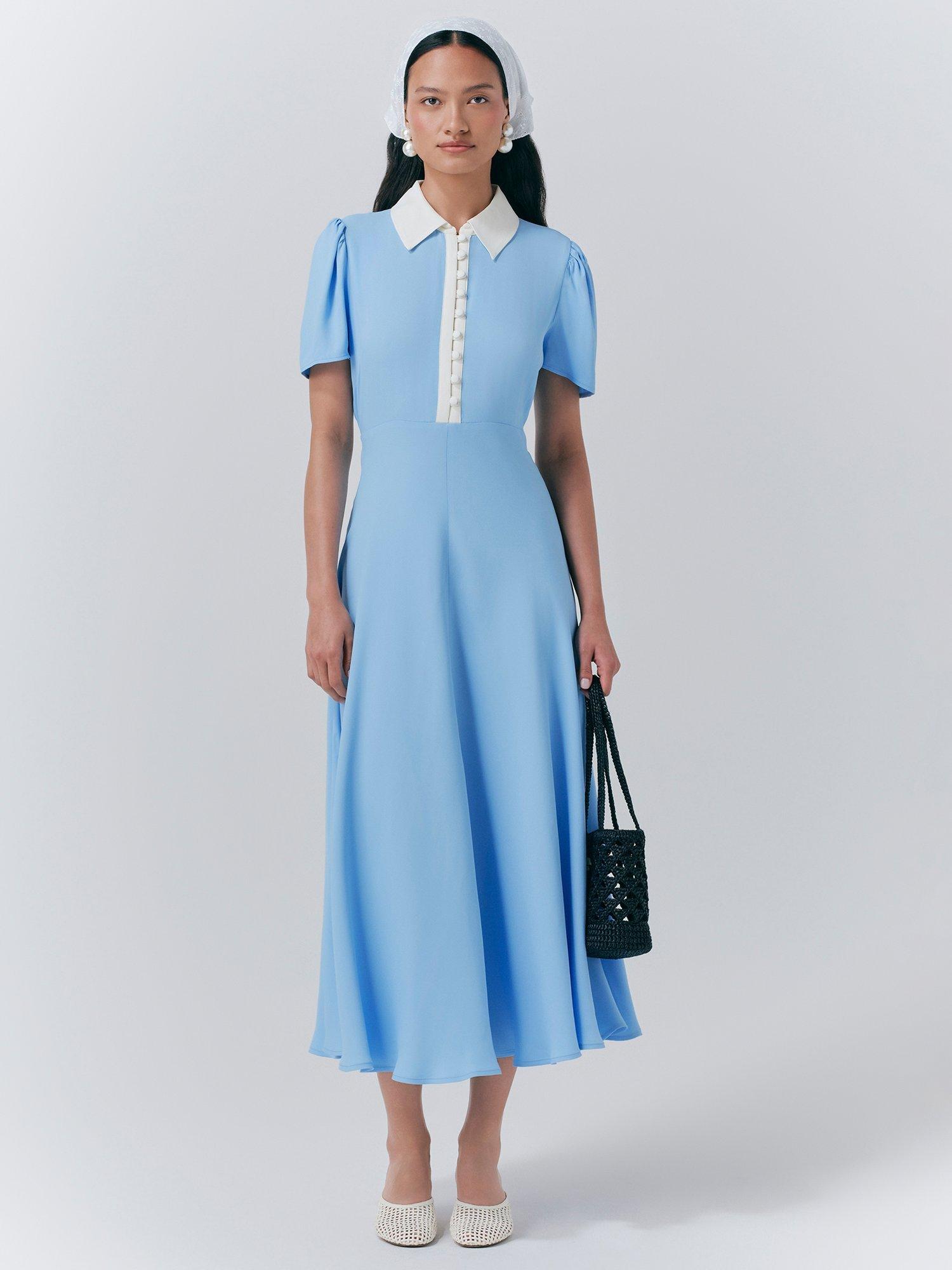 Product image 1 of 5, which shows Ghost Bethan Contrast Collar Midi Dress, Blue, XS