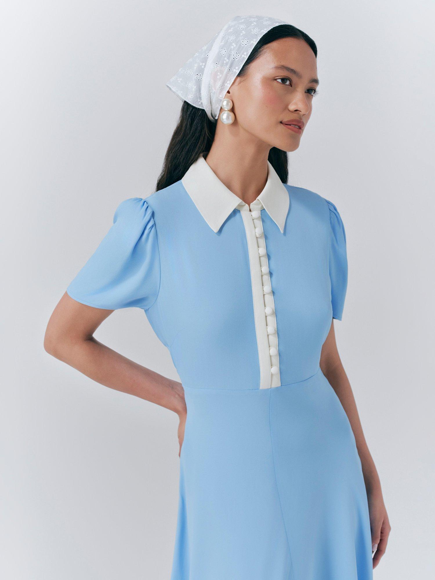 Product image 3 of 5, which shows Ghost Bethan Contrast Collar Midi Dress, Blue, XS