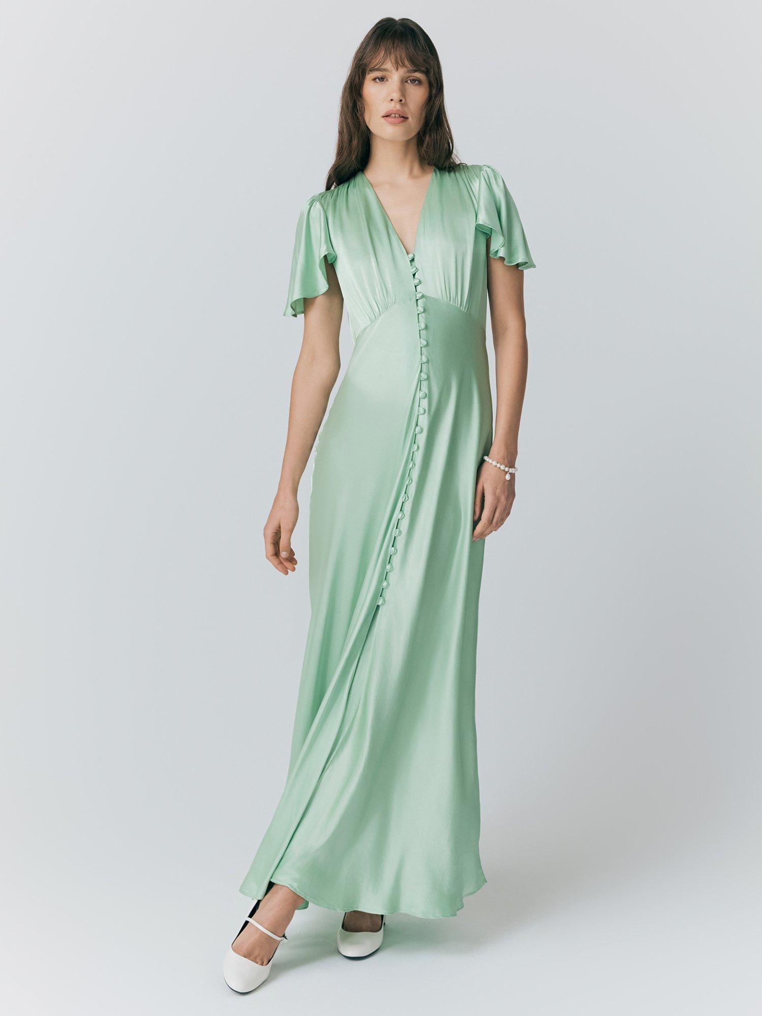 Product image 1 of 5, which shows Ghost Delphine Satin Bridesmaid Dress, Mint Green, XS