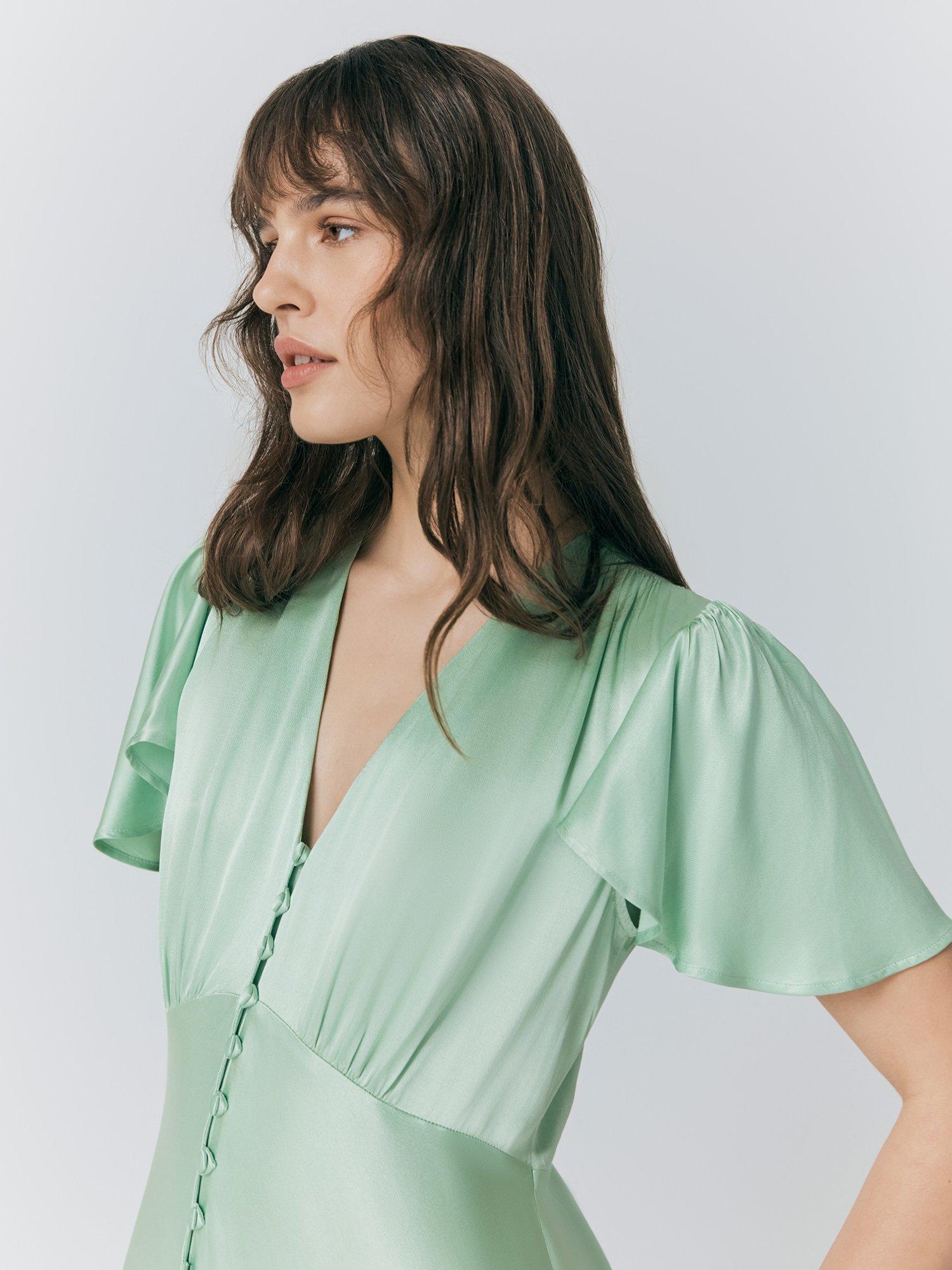 Product image 4 of 5, which shows Ghost Delphine Satin Bridesmaid Dress, Mint Green, XS